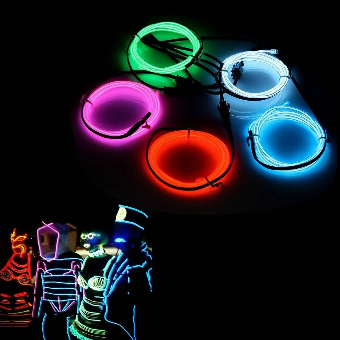 Fil Néon EL Câble Guirlande Lumineuses 3 Mode Éclairage Fix Clignotant Stroboscope 5x1M Tube Fluo El Wire Déco Vêtement Fête (5 Couleurs)