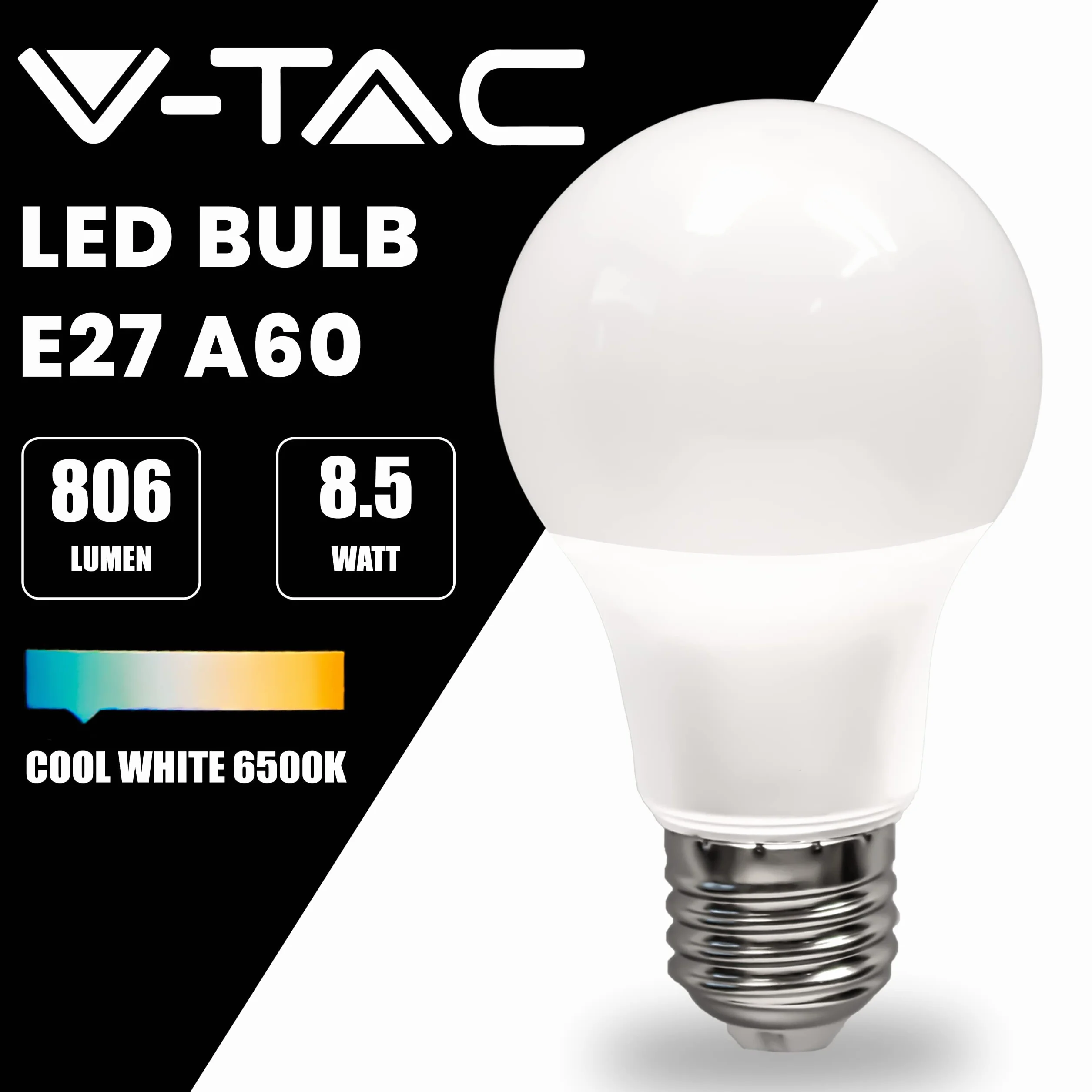 V-TAC Ampoule LED E27 8,5W Equivalent 60W A60 806 Lumen 6500K Blanc Froid