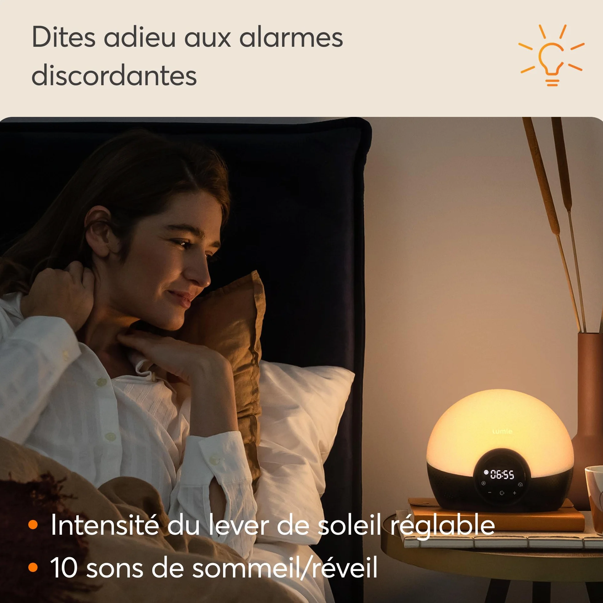 Lumie Bodyclock Glow 150 Réveil Simulation Aube Crépuscule Lumière Réglable 10 Sons Nude Noir