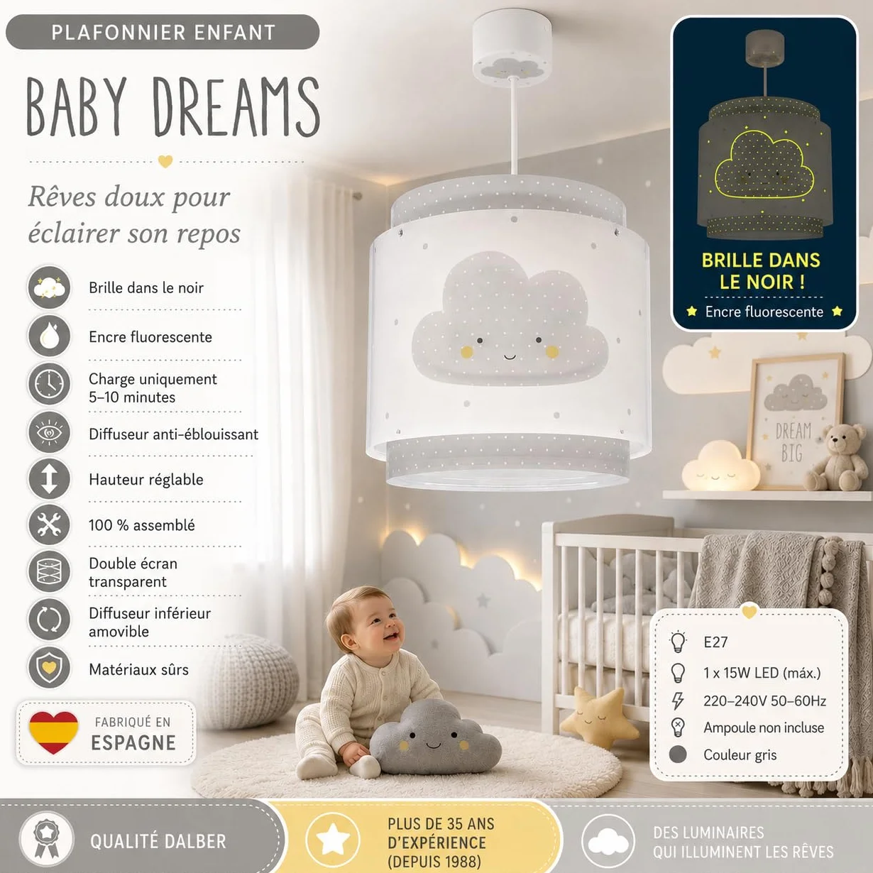 Dalber Lampe Suspension Nuage Gris E27 Chambre Enfants