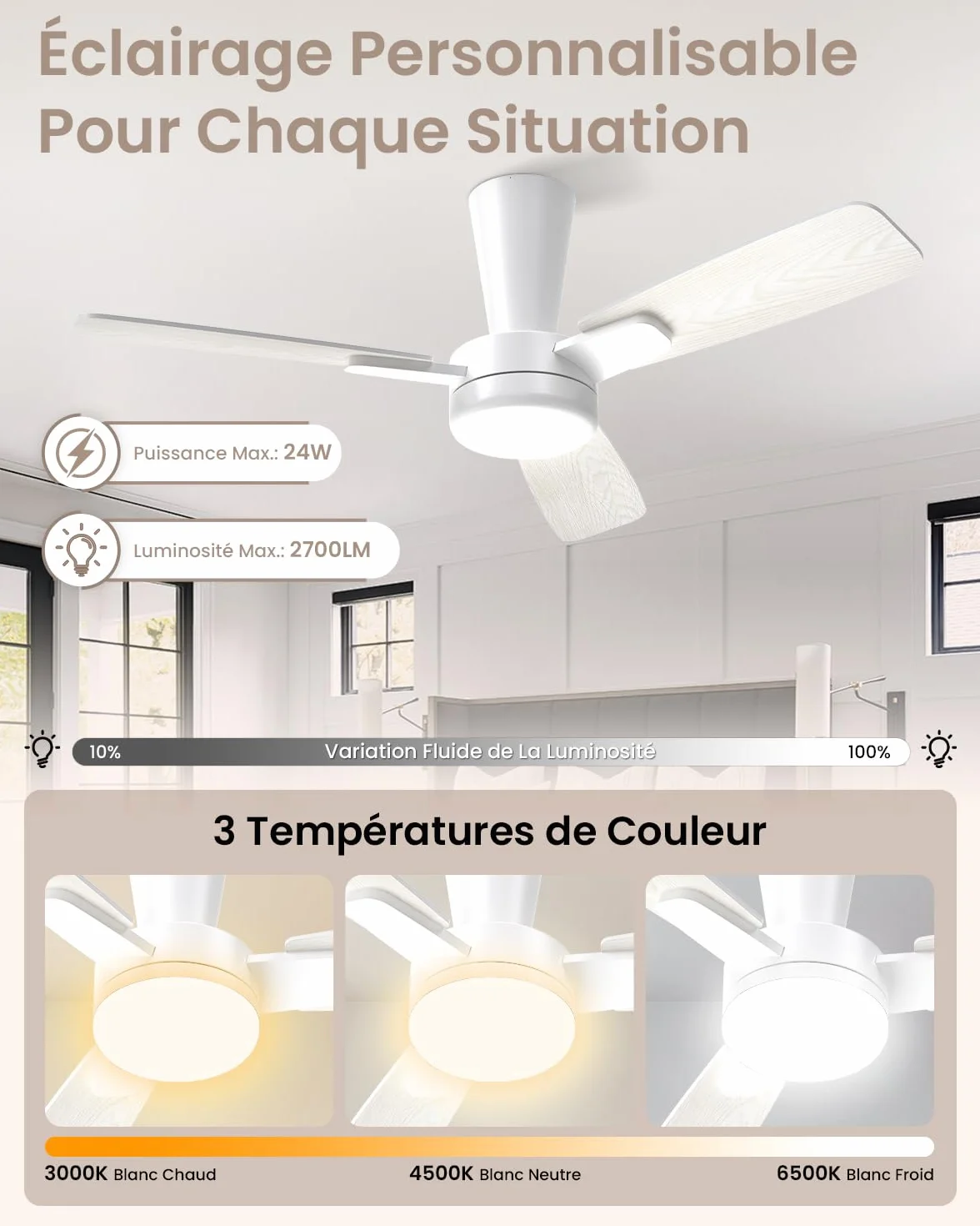 Ventilateur Plafond 106cm avec Lumière Silencieux, Télécommande, LED Dimmable, 6 Vitesses, Moteur DC Réversible