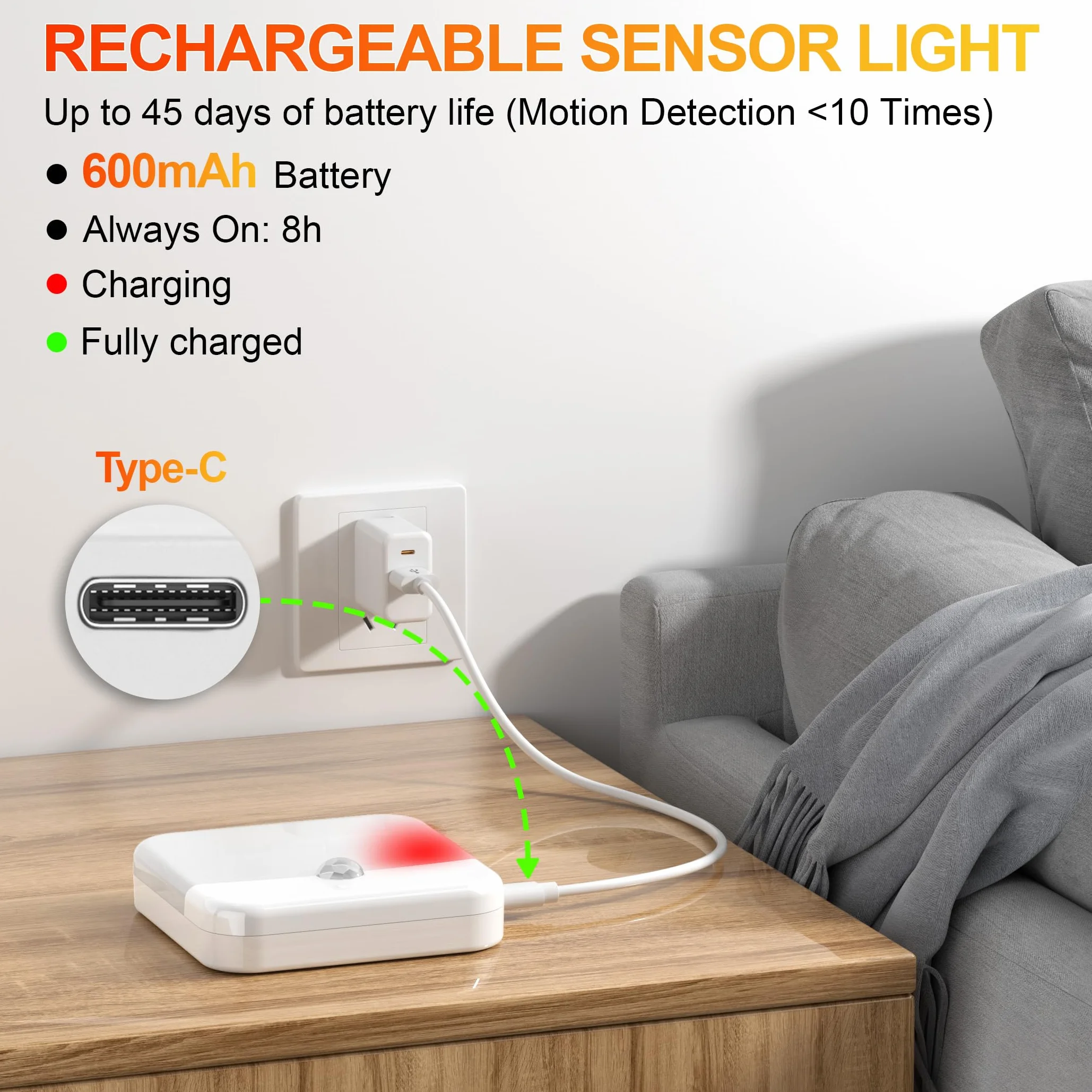 Veilleuse LED Rechargeable avec Détecteur de Mouvement, Lampe Sans Fil pour Intérieur, 6 Pièces