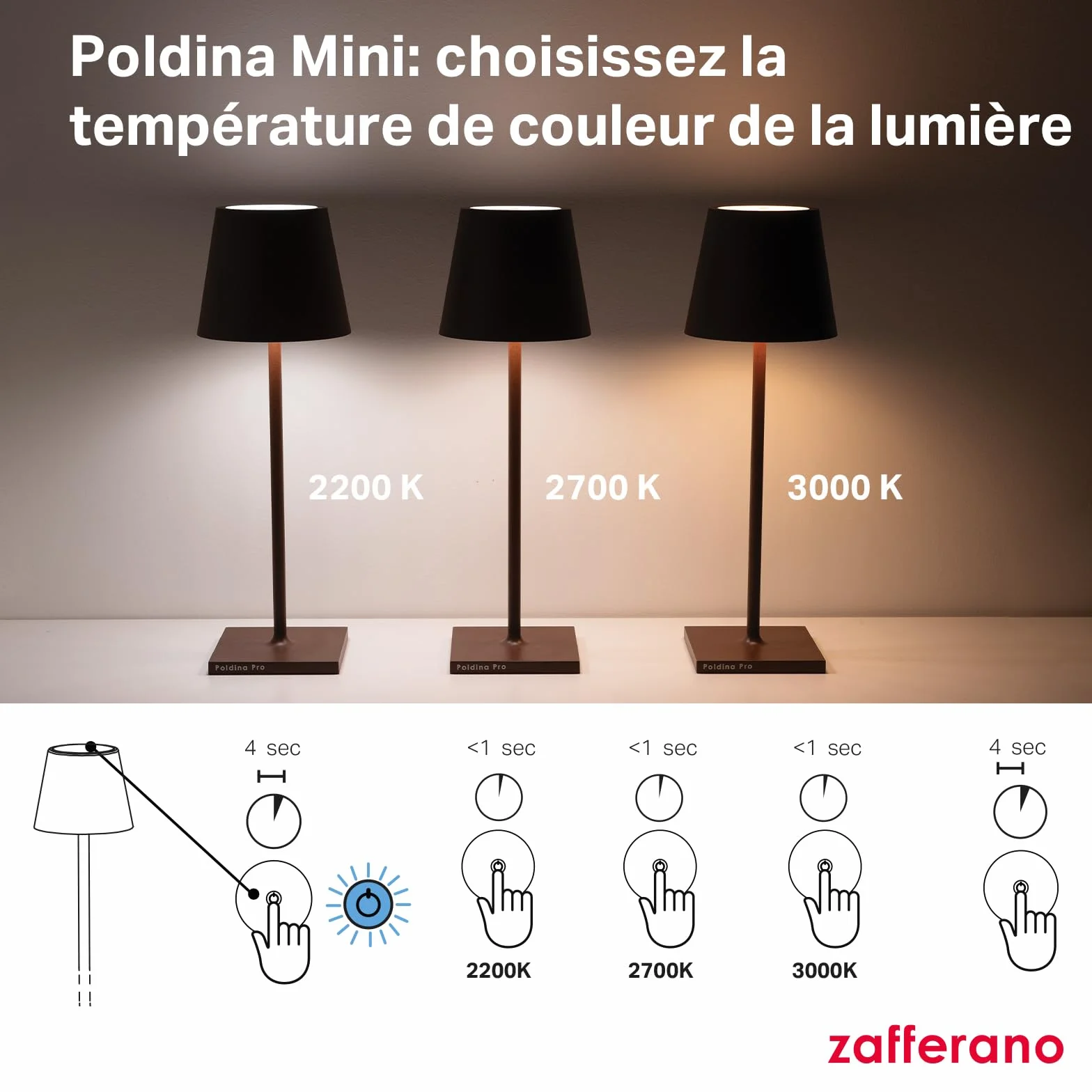 Zafferano Poldina Pro Mini Lampe de Table Rechargeable Sans Fil Contrôle Tactile Dimmer 2200-3000 K Hauteur 30 cm Couleur Corten