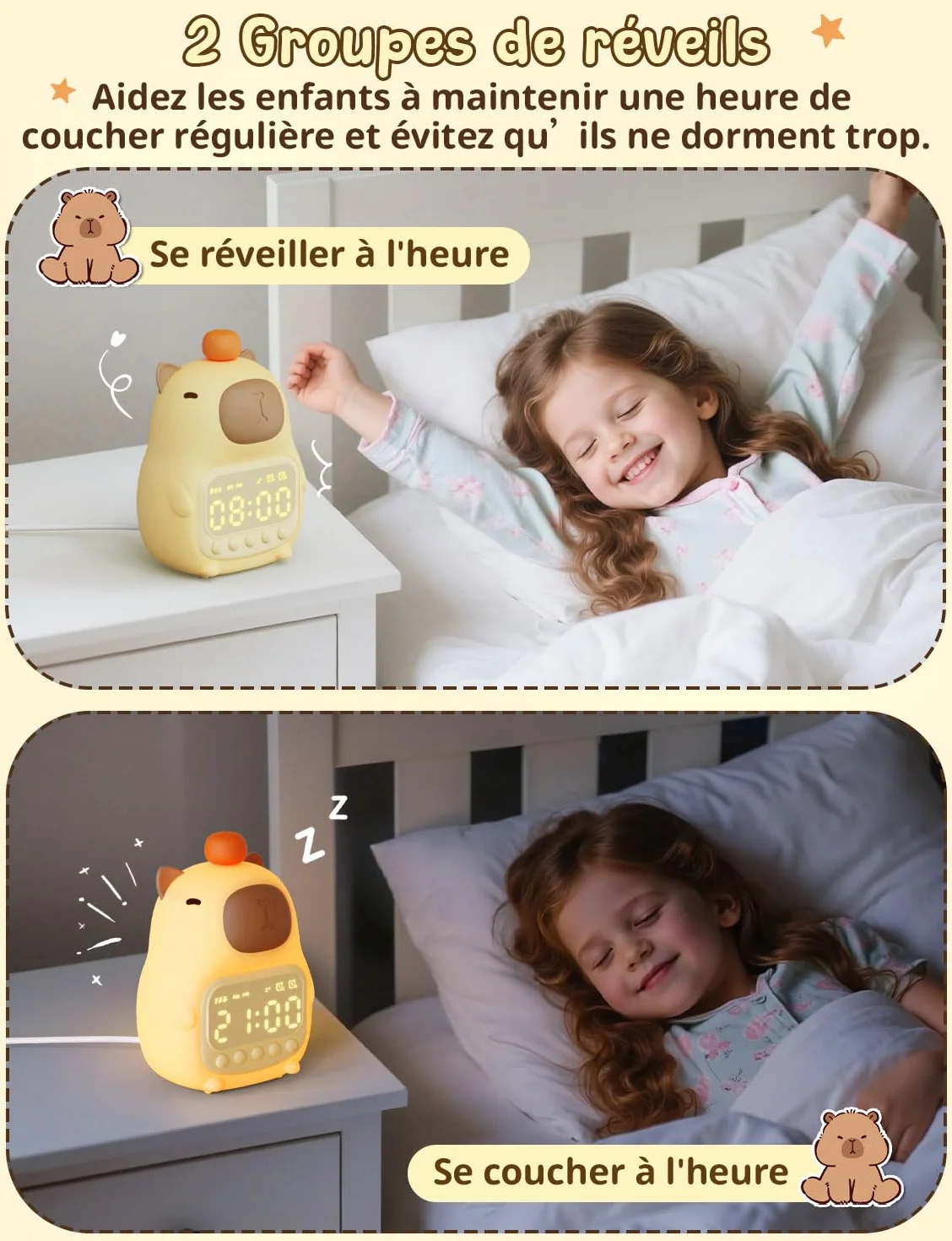 YISSVIC Réveil Enfants Capybara Veilleuse Silicone 2 Alarmes Fonction Répétition Affichage 12/24h Horloge Chevet