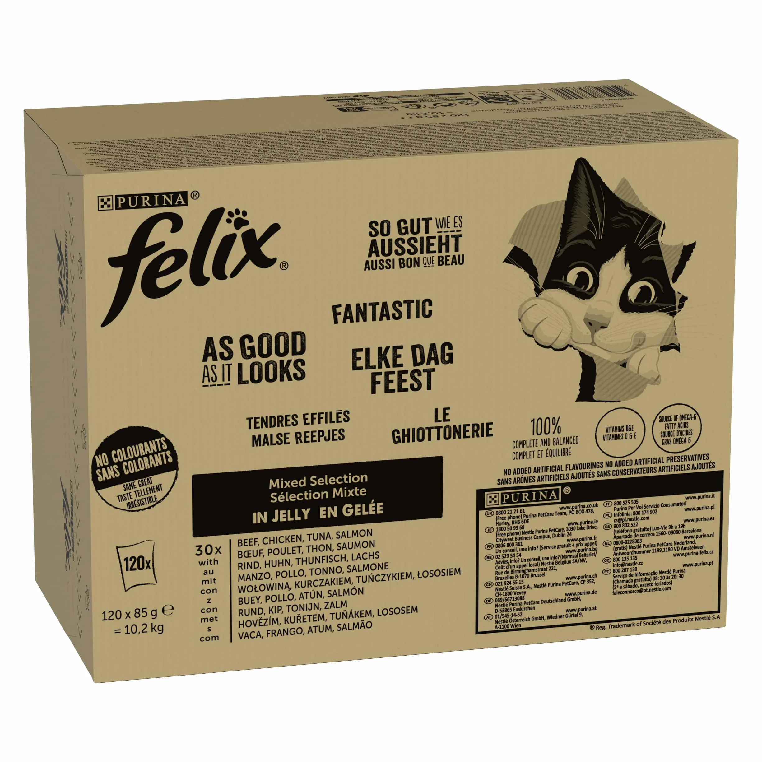 Felix Tendres Effilés Aliment Complet pour Chat Adulte Sélection Mixte Boeuf Poulet Saumon Thon Gelée Portion Individuelle 120x85g