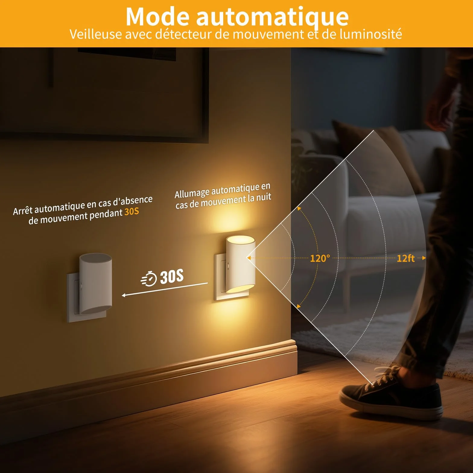 Veilleuse Enfant 2 Pcs Prise Electrique Détecteur Mouvement Capteur Lumière Blanche Chaude Intensité Variable 1-100 lm