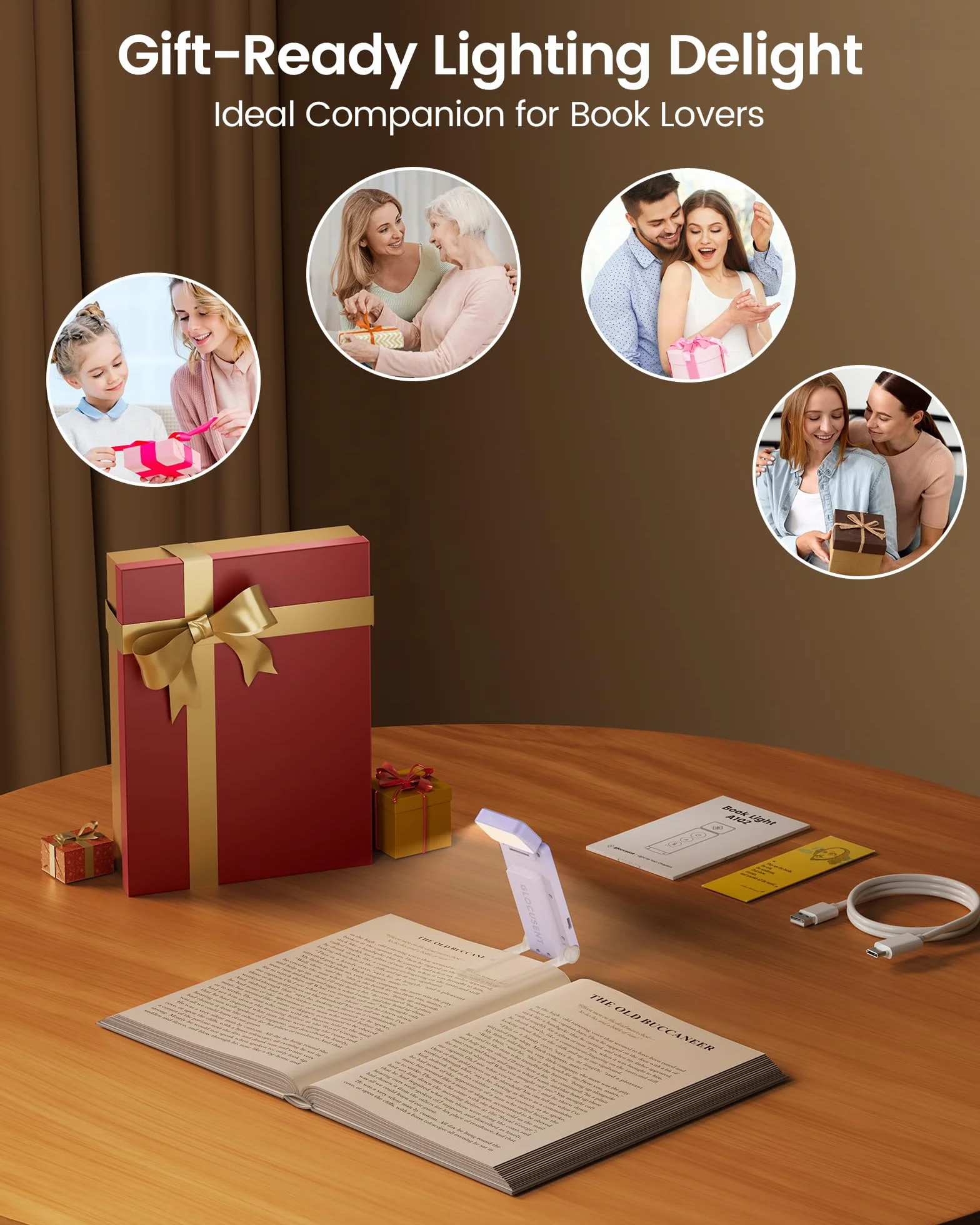 Glocusent Lampe de Lecture avec Pince, 100h Autonomie, 5 Niveaux & Couleurs, 12 LEDs Anti-Éblouissement