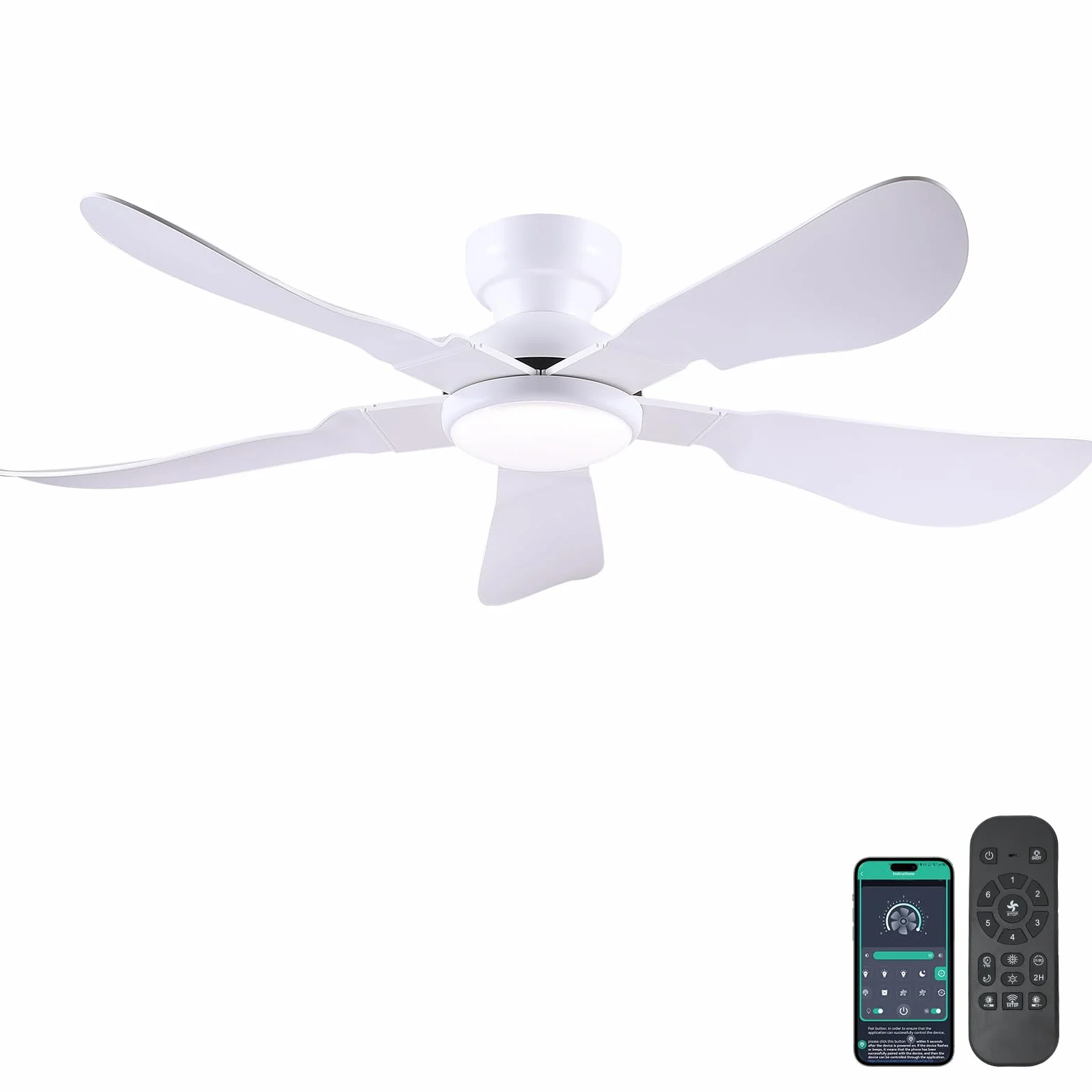 Ventilateur de plafond moderne 132 cm avec lumière, télécommande et APP, 5 pales réversibles, 6 vitesses, 3 températures de couleur dimmables, blanc