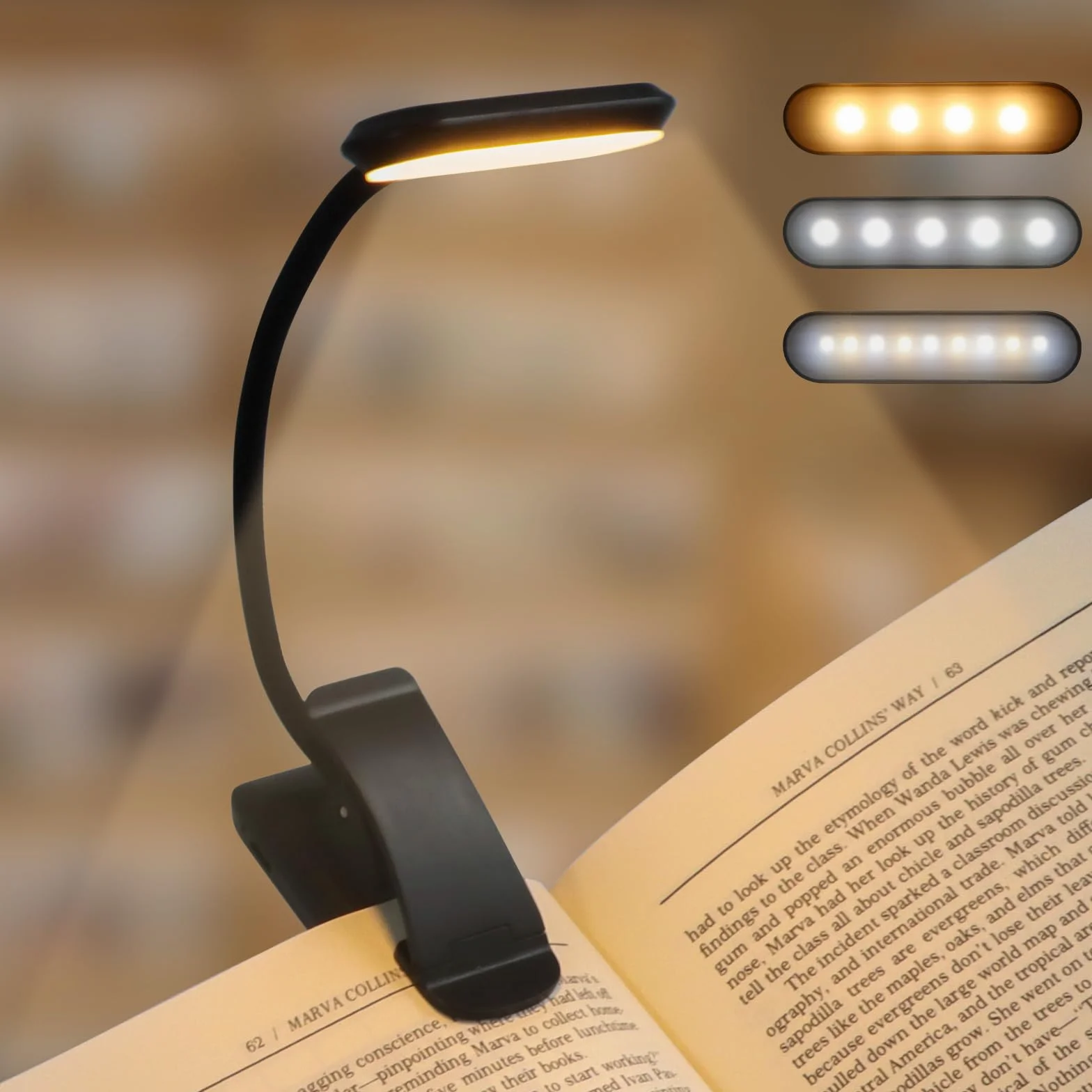 Lampe de Lecture USB Rechargeable, 3 Modes Protection des Yeux, Gradation Progressive, 360° Cou Flexible, Portable, Noir