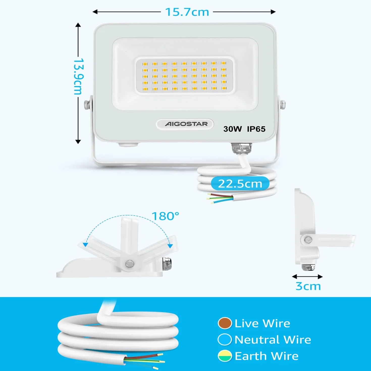 Aigostar Projecteur LED Extérieur 30W 2450lm 4000K IP65 Imperméable Lumière de Sécurité Lot de 2