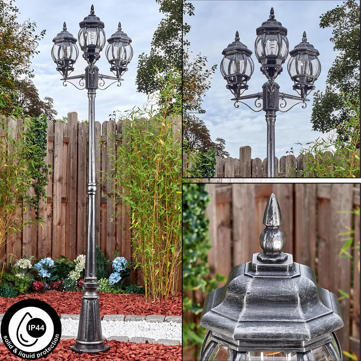 Candélabre Naofe HOFSTEIN extérieur métal verre noir argent transparent vintage 216 cm 3xE27 IP44