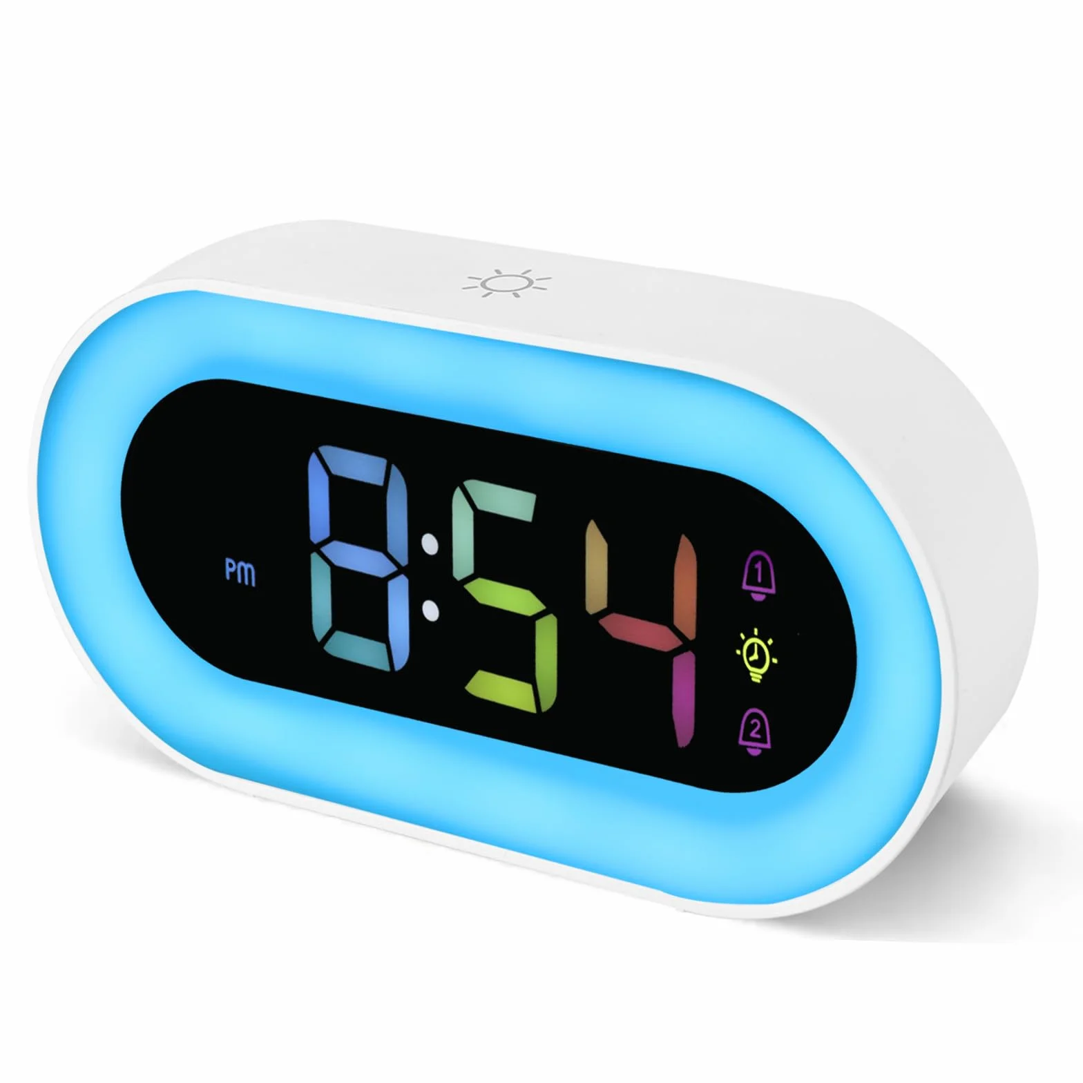 Réveil Lumineux pour Enfants Double Alarme 18 Sonneries Mode Sieste 12/24H 5 Niveaux Volume Veilleuse 9 Couleurs