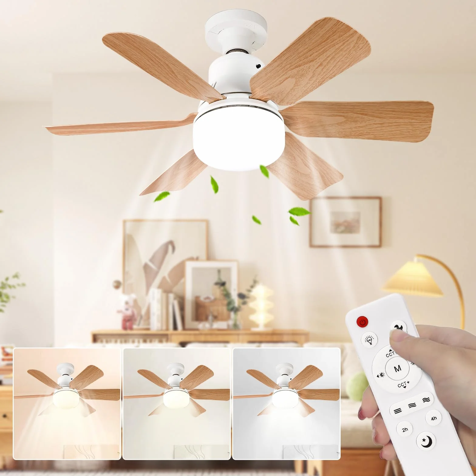 Ventilateur Plafond avec Lumiere 51CM Télécommande 3 Vitesses Réglage Luminosité Température Couleur Bois
