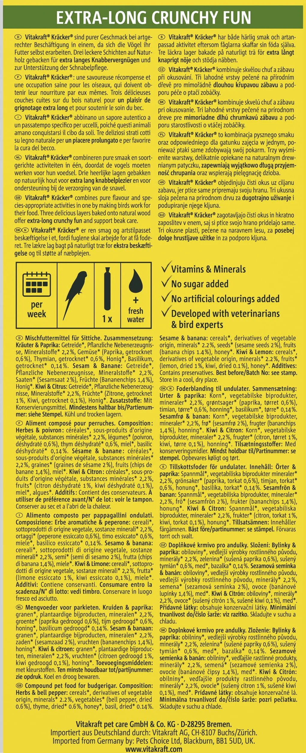 VITAKRAFT Kräcker Mix Snack pour Oiseaux Perruches Sticks Aux Herbes Paprika Kiwi Agrumes Banane Sésame sans Sucres Ajoutés 90G
