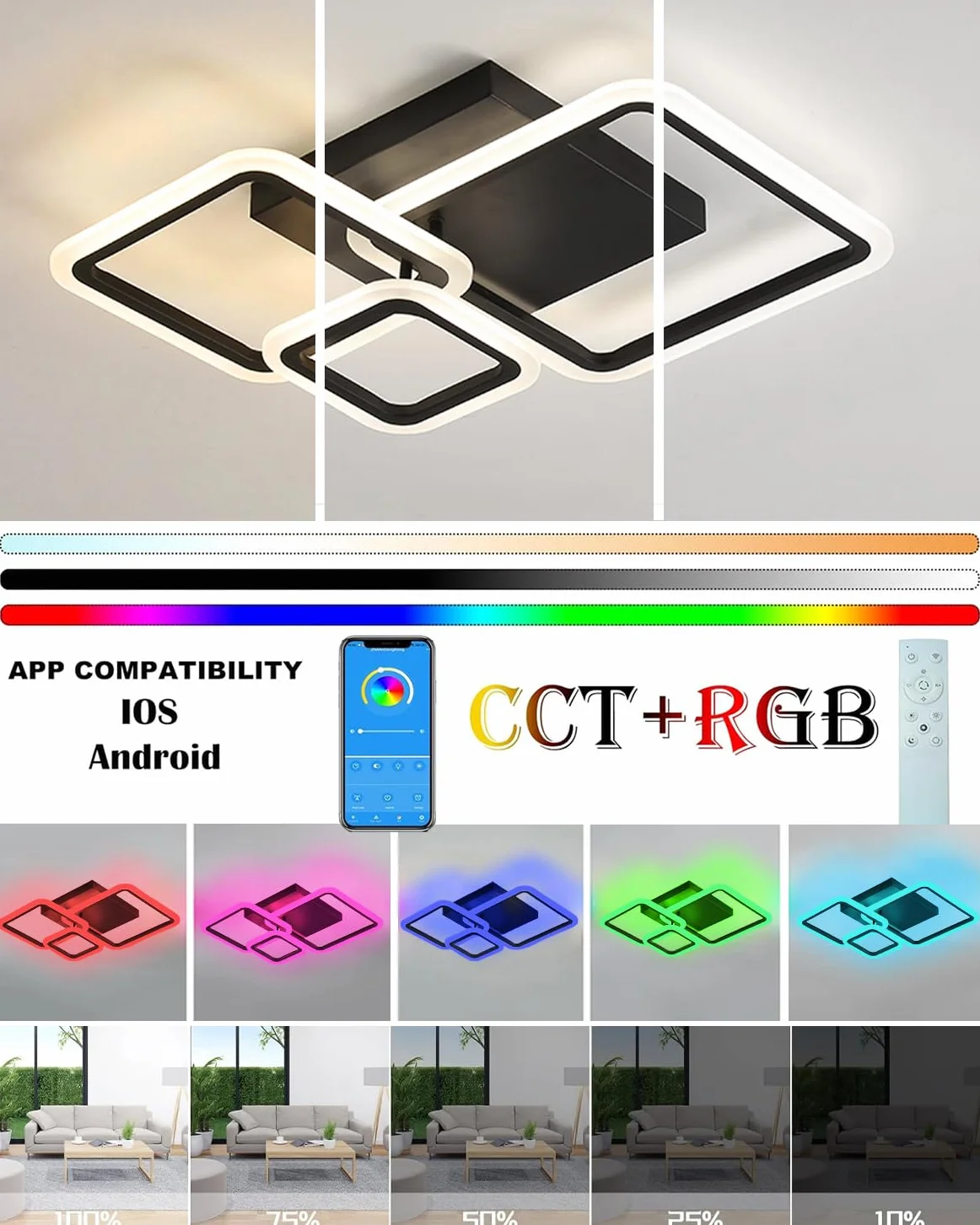 Plafonnier LED RGB 84W avec Haut-parleur Bluetooth Dimmable Lampe de Plafond Carré Moderne