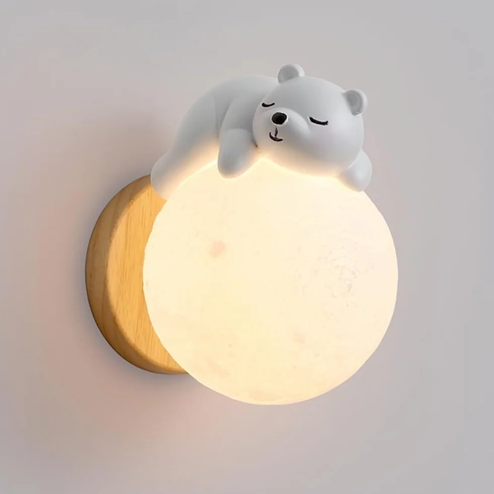 Applique Murale Chambre d'Enfants Lune Moderne Bois Résine Ours Abat-Jour PLA G9 Créatif Chevet Décor Luminaire