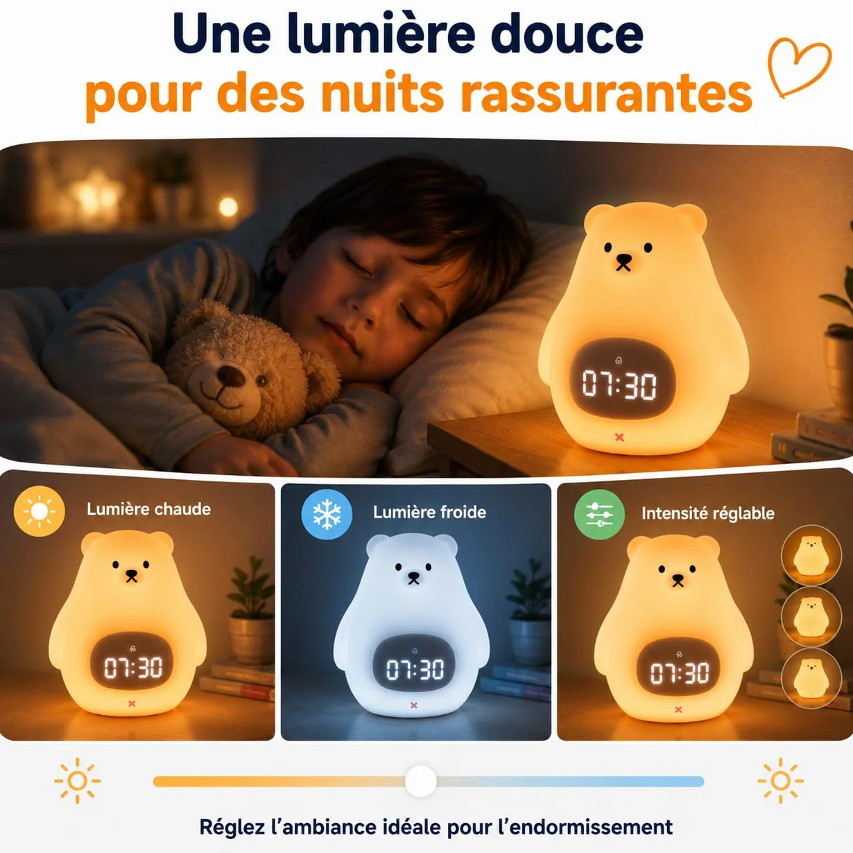 Réveil Enfant Jour/Nuit avec Veilleuse LED Contrôle Appli iOS Android Rechargeable