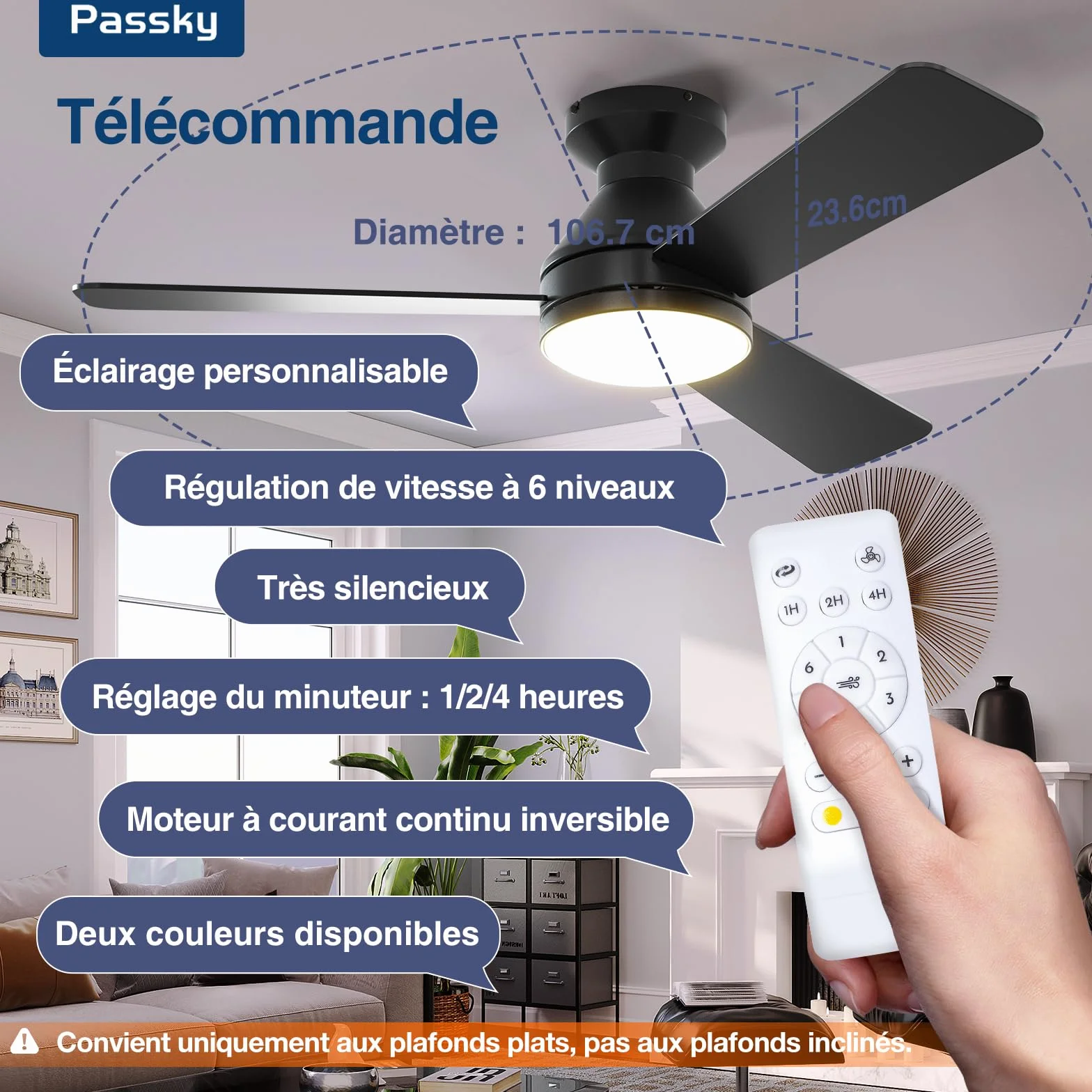 Passky Ventilateur de plafond silencieux 107cm avec lumière, télécommande, moteur CC réversible, 6 vitesses, minuterie