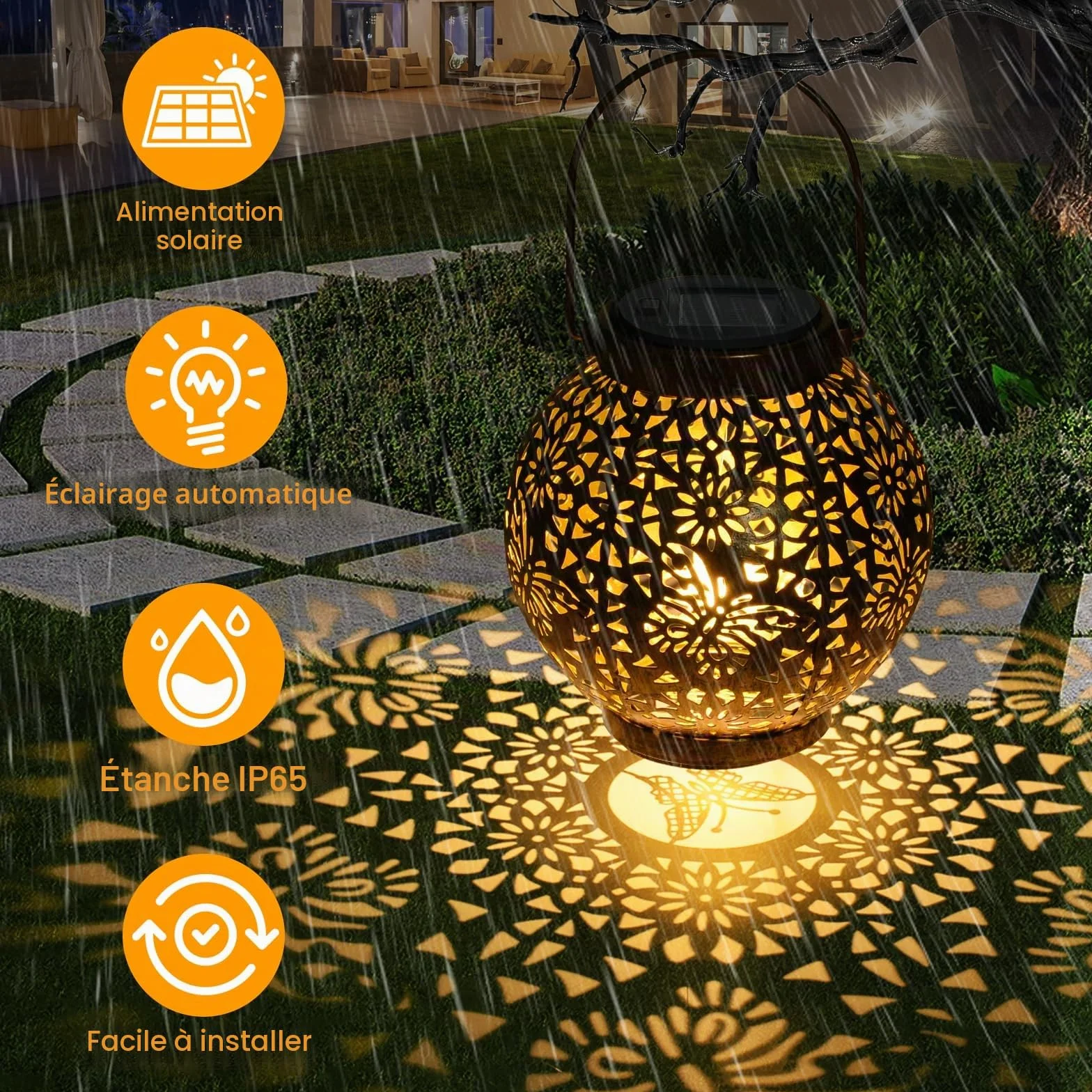 Qoosea Lampe Solaire Extérieur Metal Suspension LED Papillon Imperméable Lanternes Décoratives Évidées pour Patio Jardin Allée