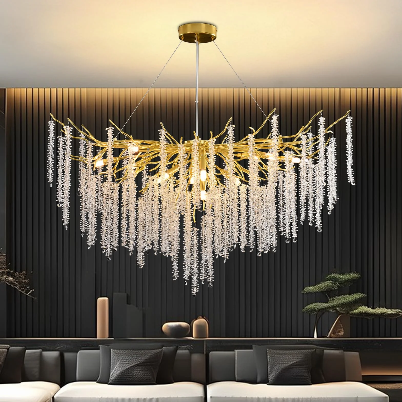 AHXIAOZN Lustre en Cristal Moderne,G9*12 Luxe Lampe à Pendentif en Cristal Rond,Postmoderne Chandelier pour salle à manger, cuisine, salon, chambre, couloir, café, bar(Doré,G9*12,120cm)