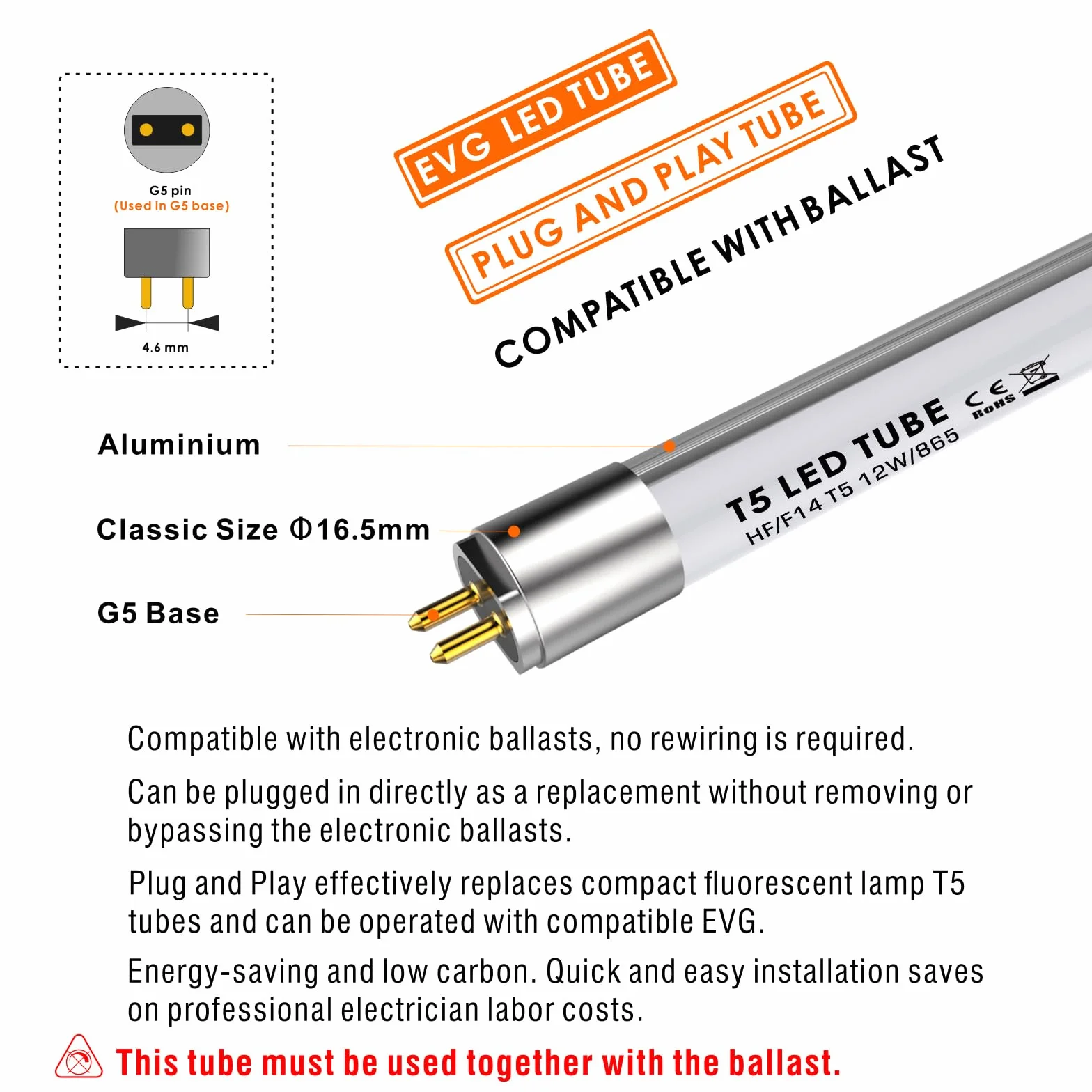Tube LED T5 54,9cm 12W 1550lm 6500K Remplaçage Fluorescent 30W Compatible EVG G5 Diffusion 140° Anti-Éblouissement