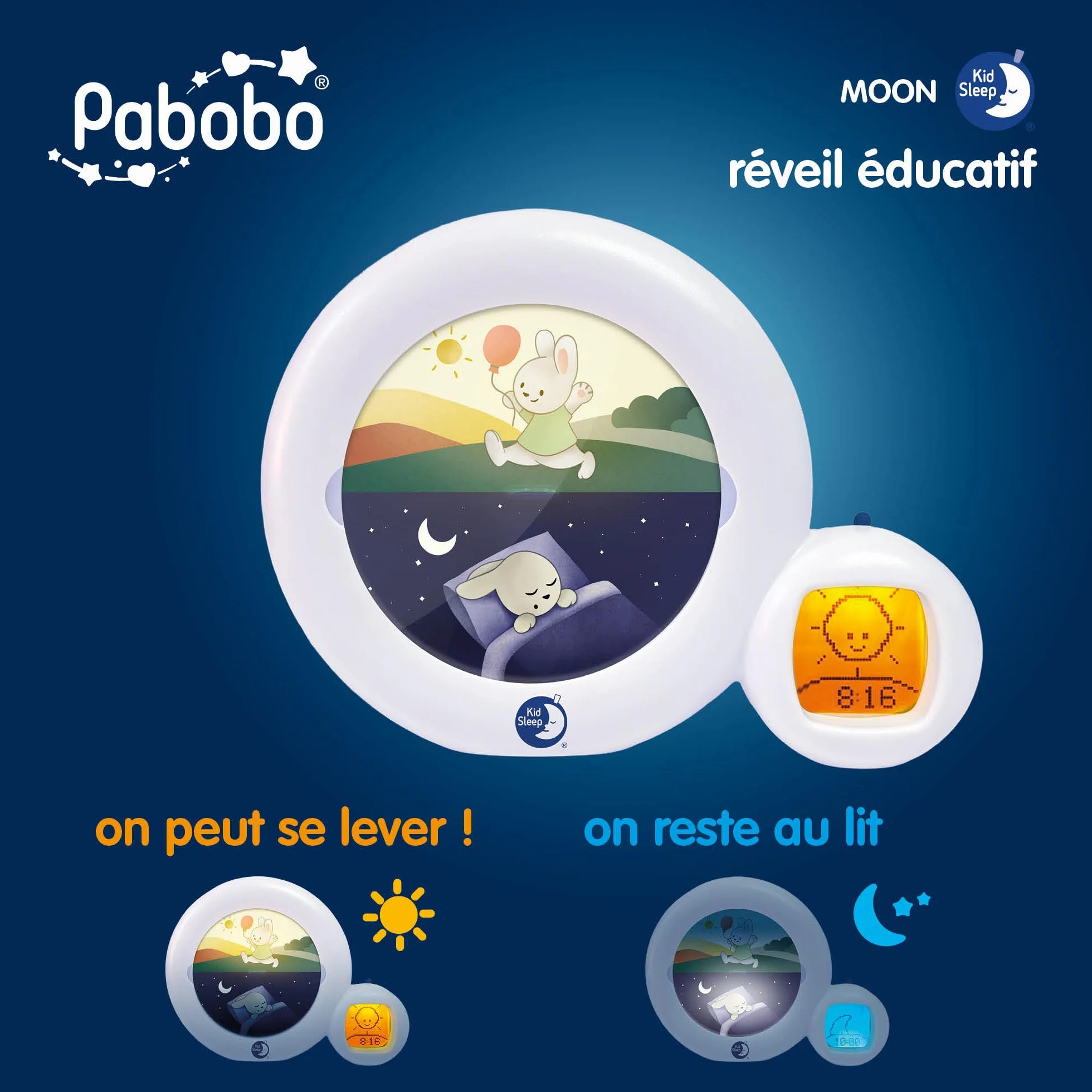 Pabobo x Kid Sleep Réveil Educatif Enfant Jour Nuit Musical Veilleuse Réveil Moon 3 en 1 Blanc
