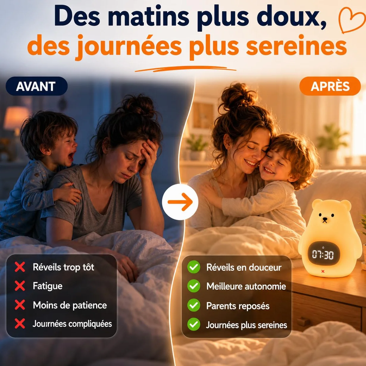 Réveil Enfant Jour/Nuit avec Veilleuse LED Contrôle Appli iOS Android Rechargeable