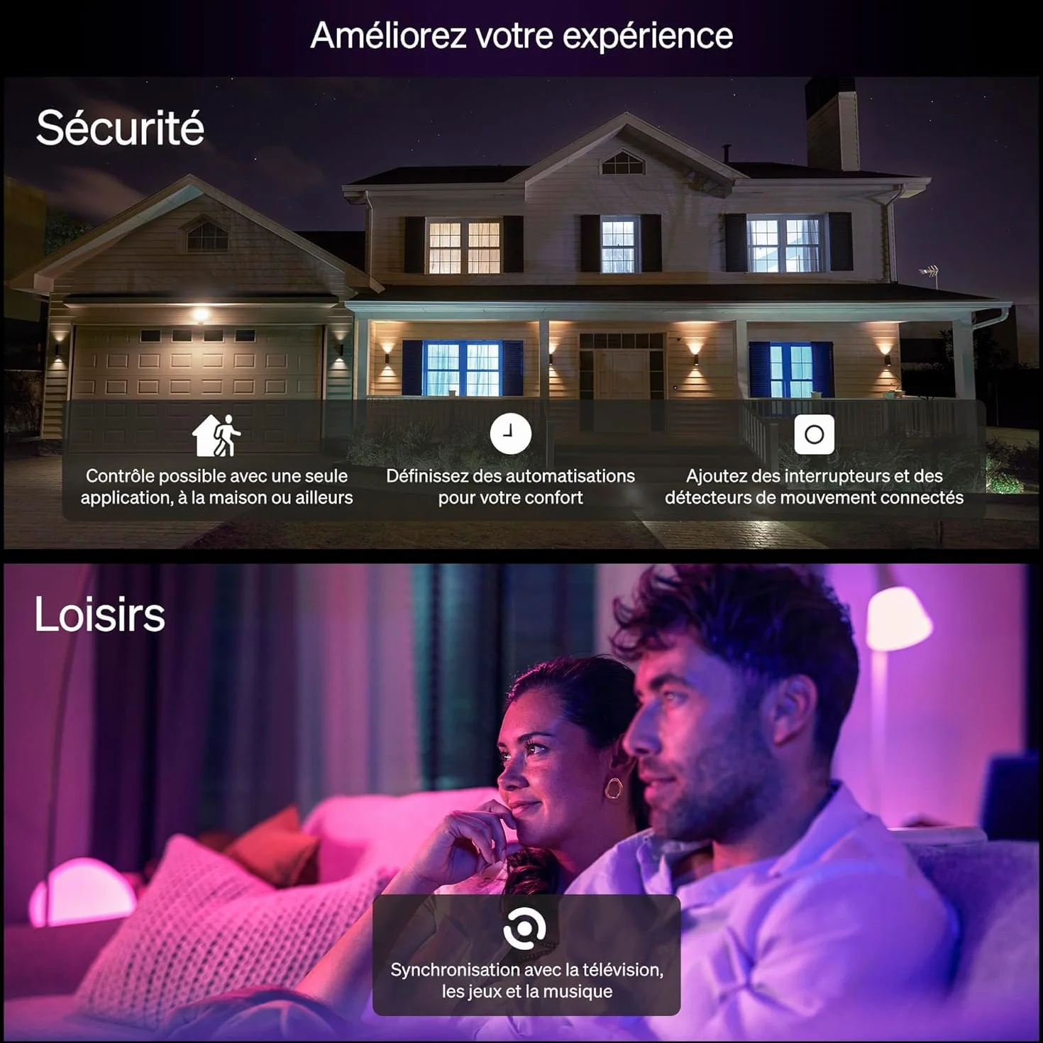 Philips Hue Essential Ampoule Connectée LED A60 E27 8W 2200-6500K 806lm White and Color Ambiance Pack de 4