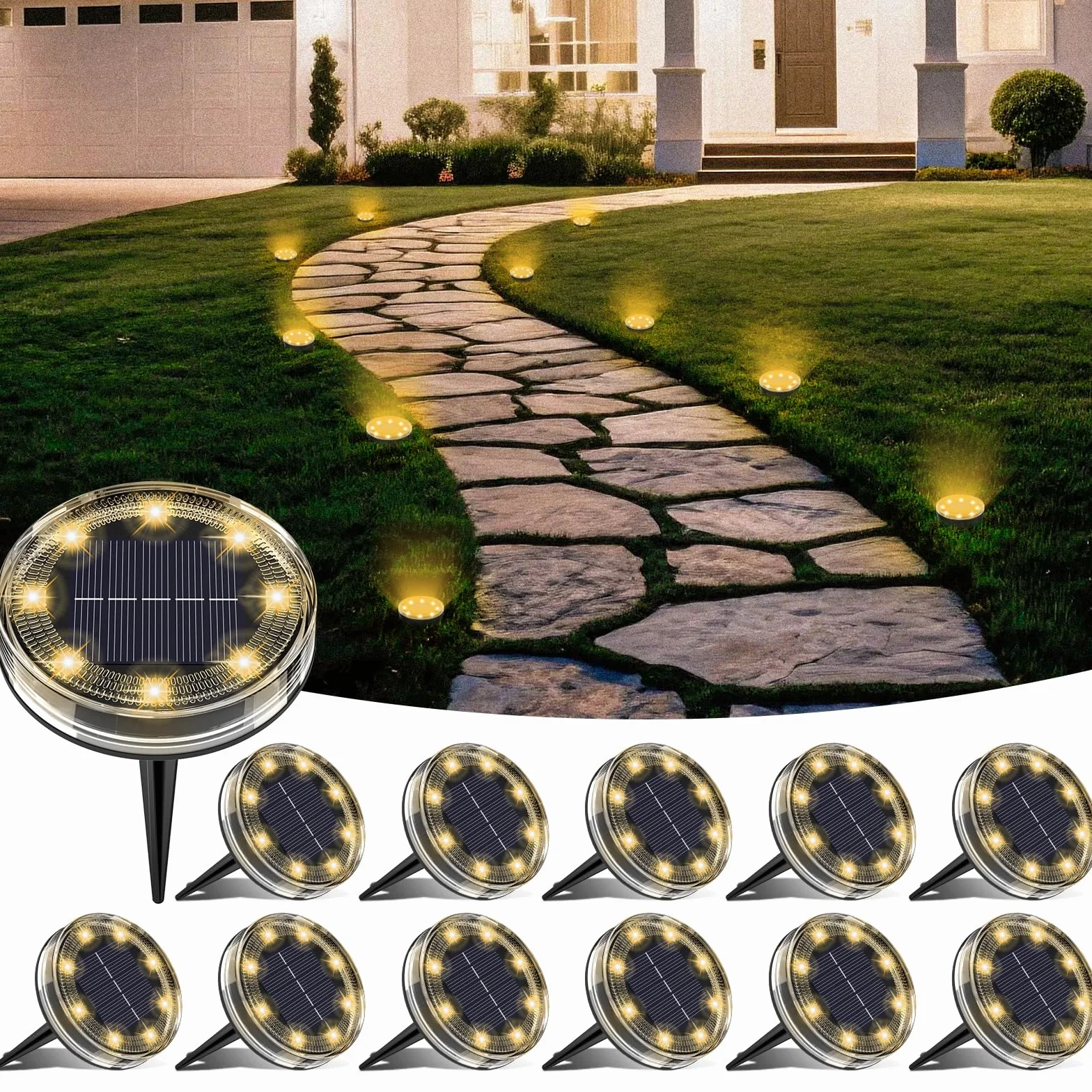 LOTMOS Lot de 12 Lampe Solaire Au Sol, 8 LED IP68 Étanche, Spot Solaire Extérieur Jardin, Blanc Chaud