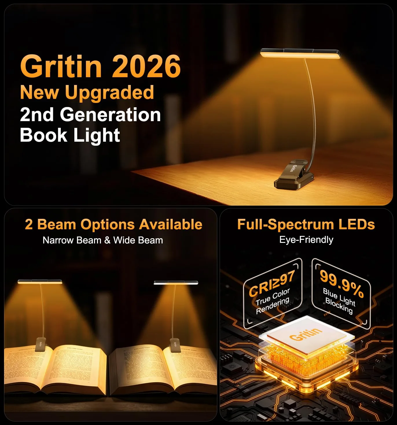 Gritin Gén.2 Lampe de Lecture 32 LED Spectre Complet Liseuse Clip Protection des Yeux 5 Couleurs 5 Luminosités Faisceau Large Étroit Réglable 1500mAh Rechargeable
