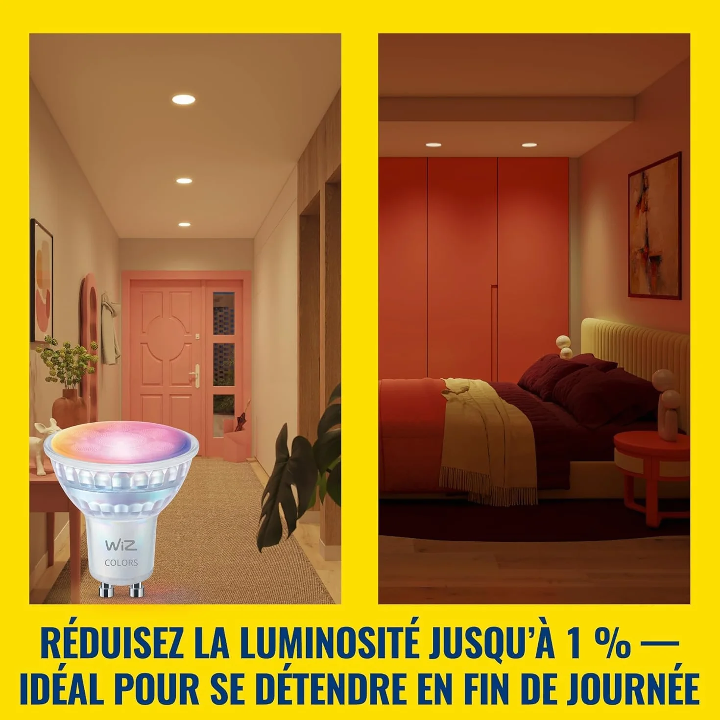 WiZ Spot LED connecté GU10 verre Multicolore Blanc 50W 2200-6500K 345lm intensité réglable compatible Alexa Google Assistant Apple Home pack de 1