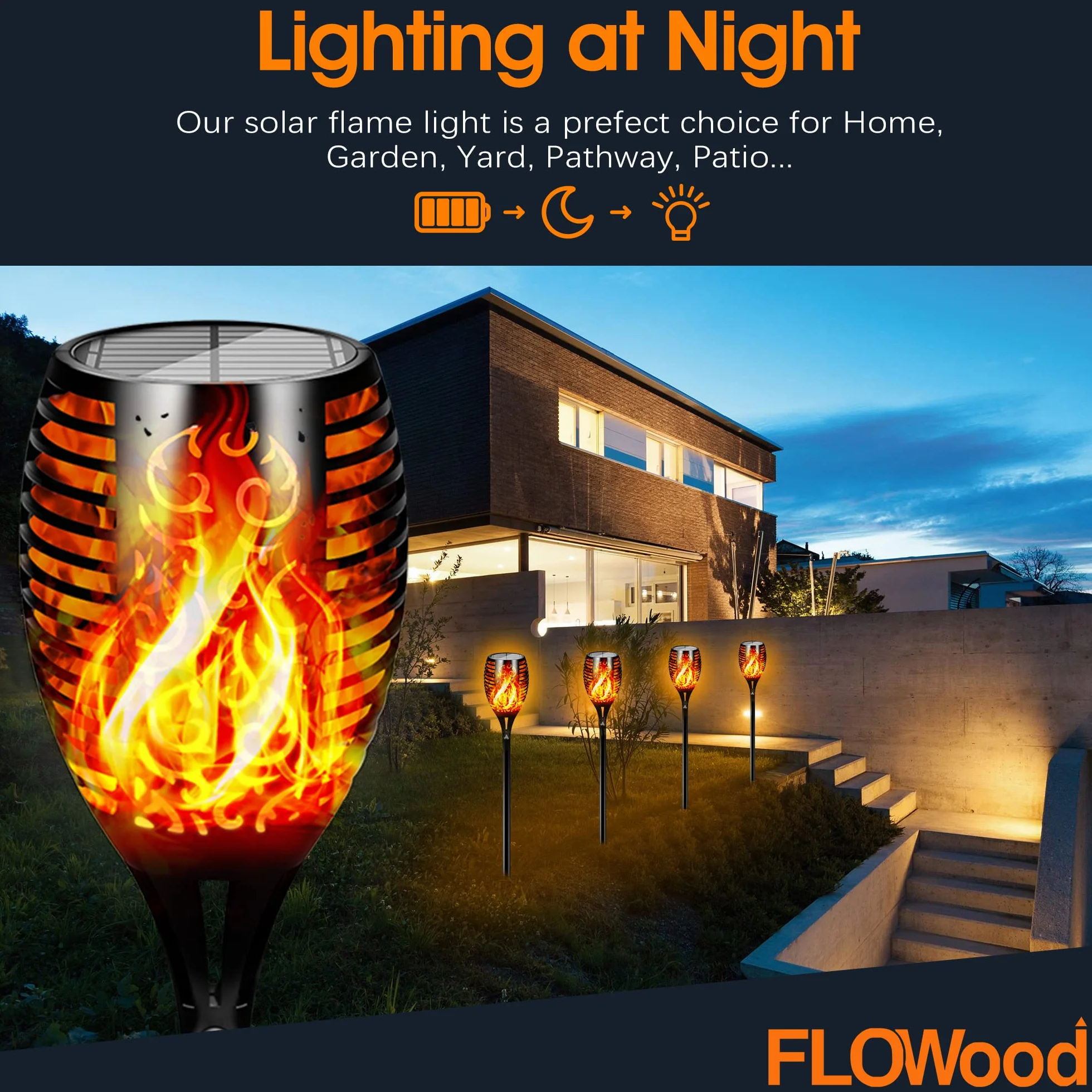 Lot de 4 lampes solaires de jardin FLOWood 96 LED flamme vacillante IP65 extérieur crépuscule à l'aube