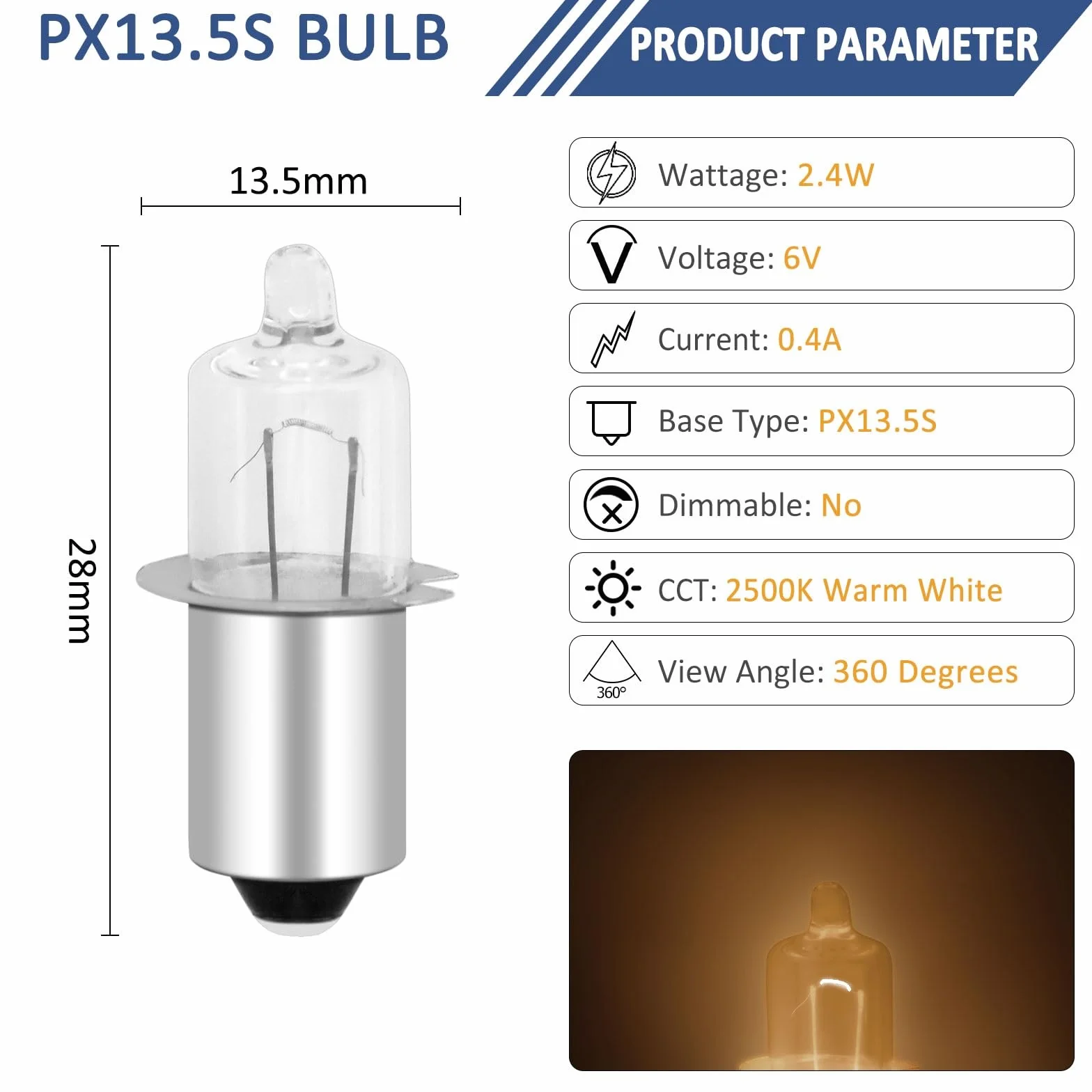 Ampoules Halogènes Miniatures HS3 2.4W 6V PX13.5S Blanc Chaud 2500K pour Vélo