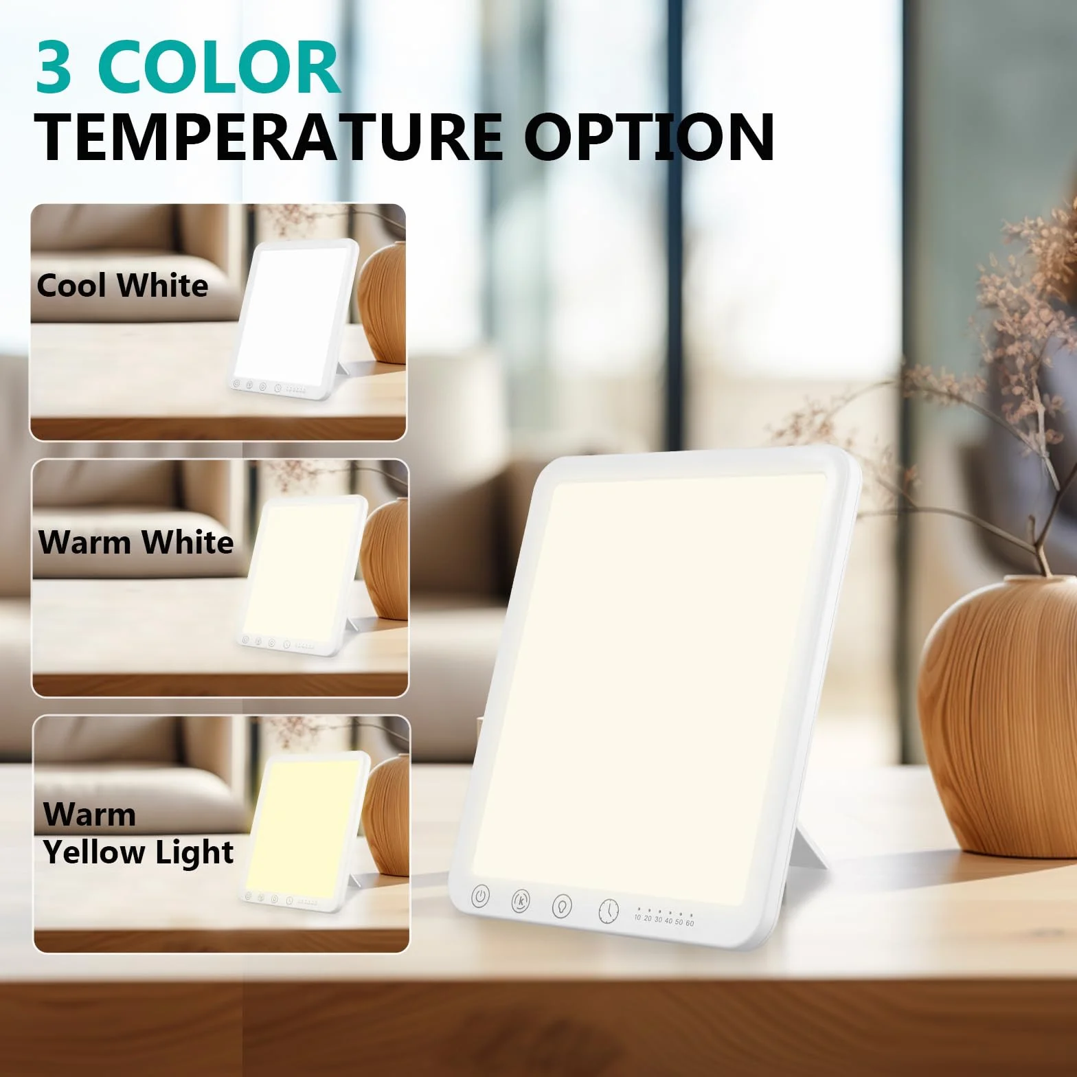 Lampe de Luminothérapie 10000 Lux, 3 Températures de Couleur, Minuterie, Support Pliant 45°