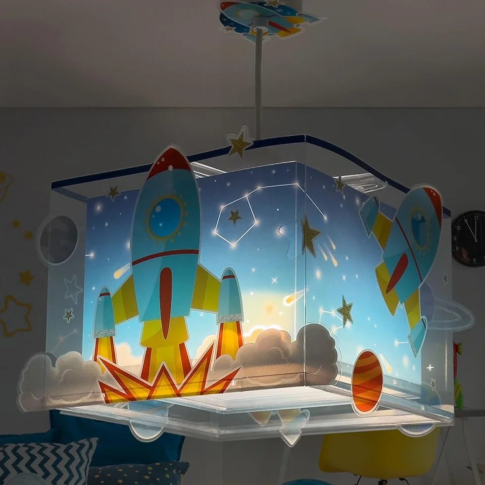 Dalber Lampe Suspension Enfant Rocket Fusée Spatiale Système Solaire E27 Bleu