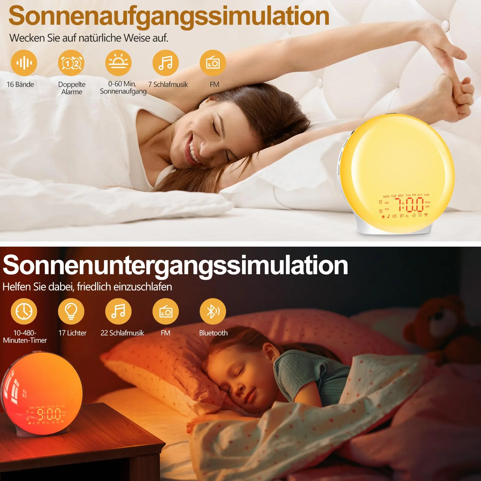 Réveil Lumière Bluetooth Radio Eveil Matin Lampe de Chevet 20 Niveaux Luminosité Simulateur Aube Crépuscule 2 Réveils 22 Sons Naturels Fonction Snooze 17 Couleurs Veilleuse