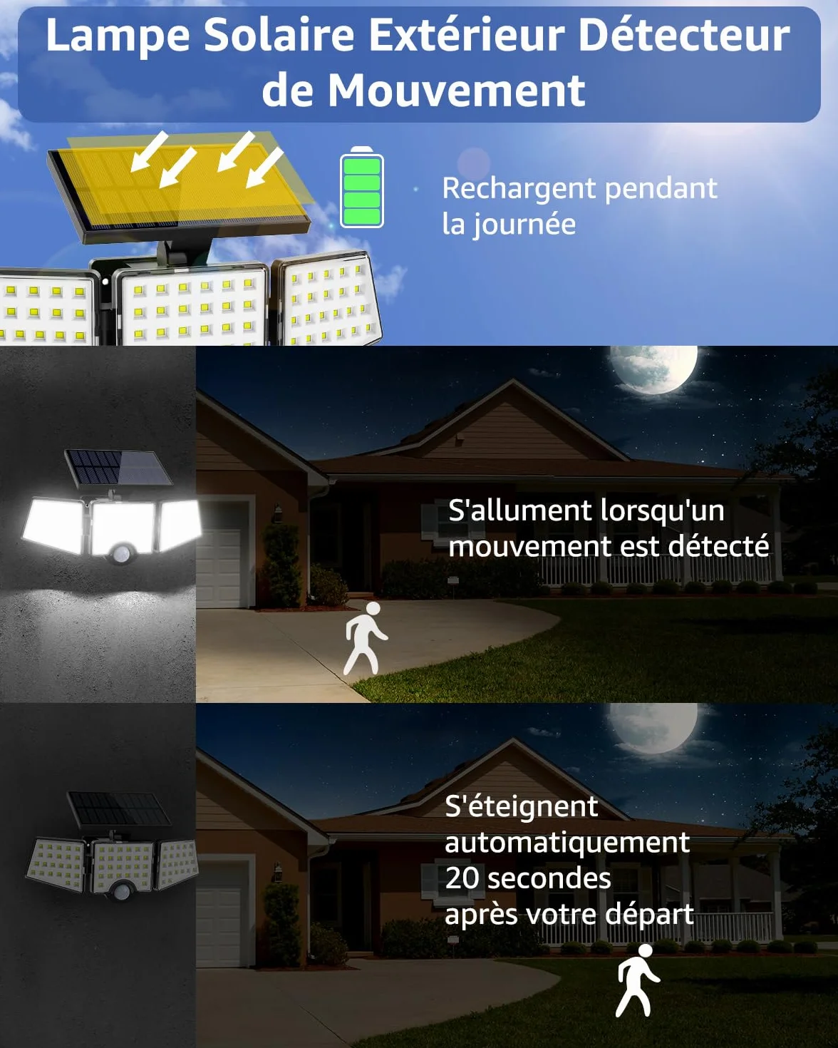 Lepro Lampe de Sécurité Solaire Extérieure 1200LM, Projecteur avec Détecteur de Mouvement PIR, 3 Têtes, IP65 Étanche