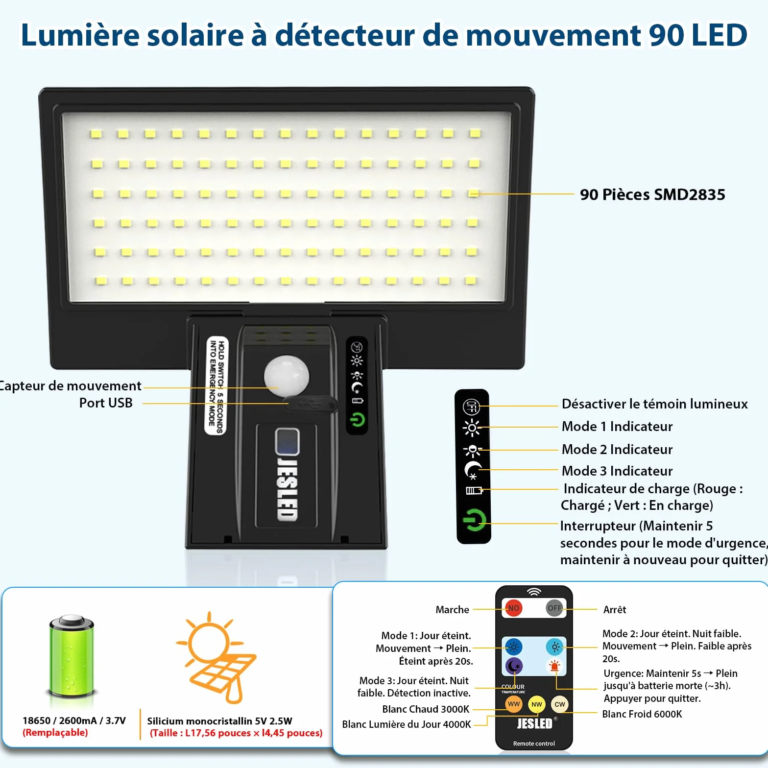 JESLED Lampe Solaire Exterieur 90 LED Detecteur Mouvement 2600mAh 4 Modes Projecteur Solaire 3000K-6000K 2 Paquet