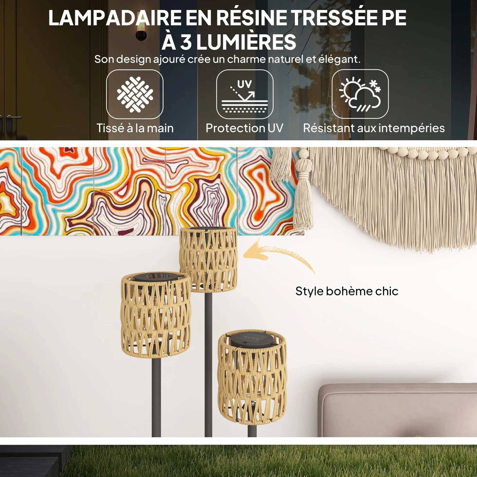 Outsunny Lampadaire solaire extérieur résine tressée 3 lumières bohème capteur étagère IP44 jardin patio terrasse Ø37 x 144 cm jaune
