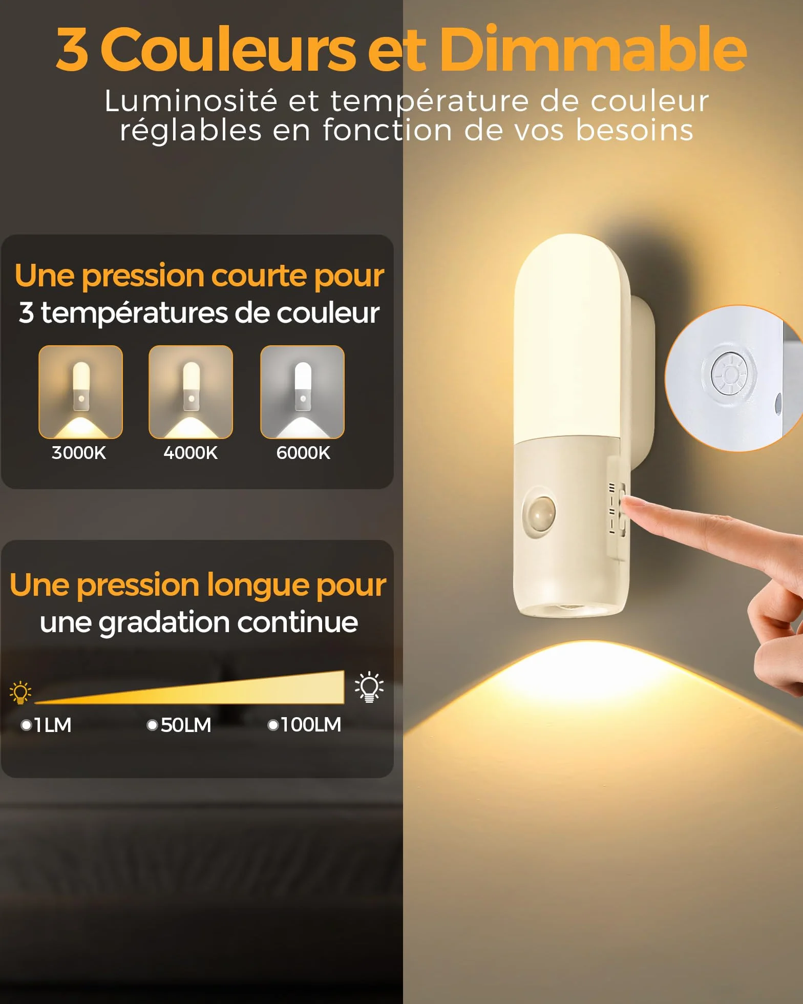 Veilleuse Rechargeable 2000mAh Lampe LED Détecteur de Mouvement Intérieur 3000K 4000K 6000K Graduable 2 Pack