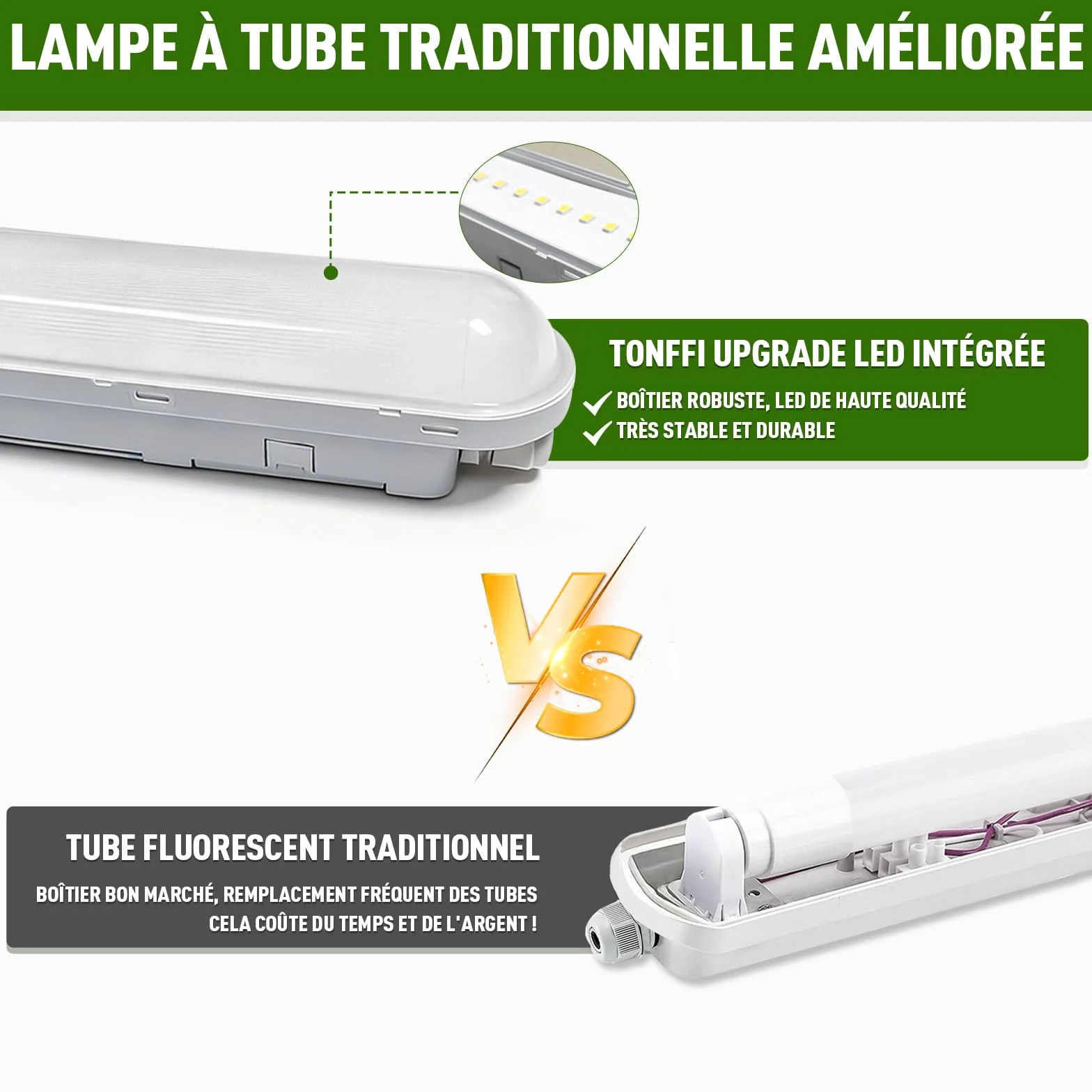 Réglette LED IP65 Connectable 60W 7500LM 6000K Blanc Froid 150cm Tonffi Luminaire Étanche pour Garage