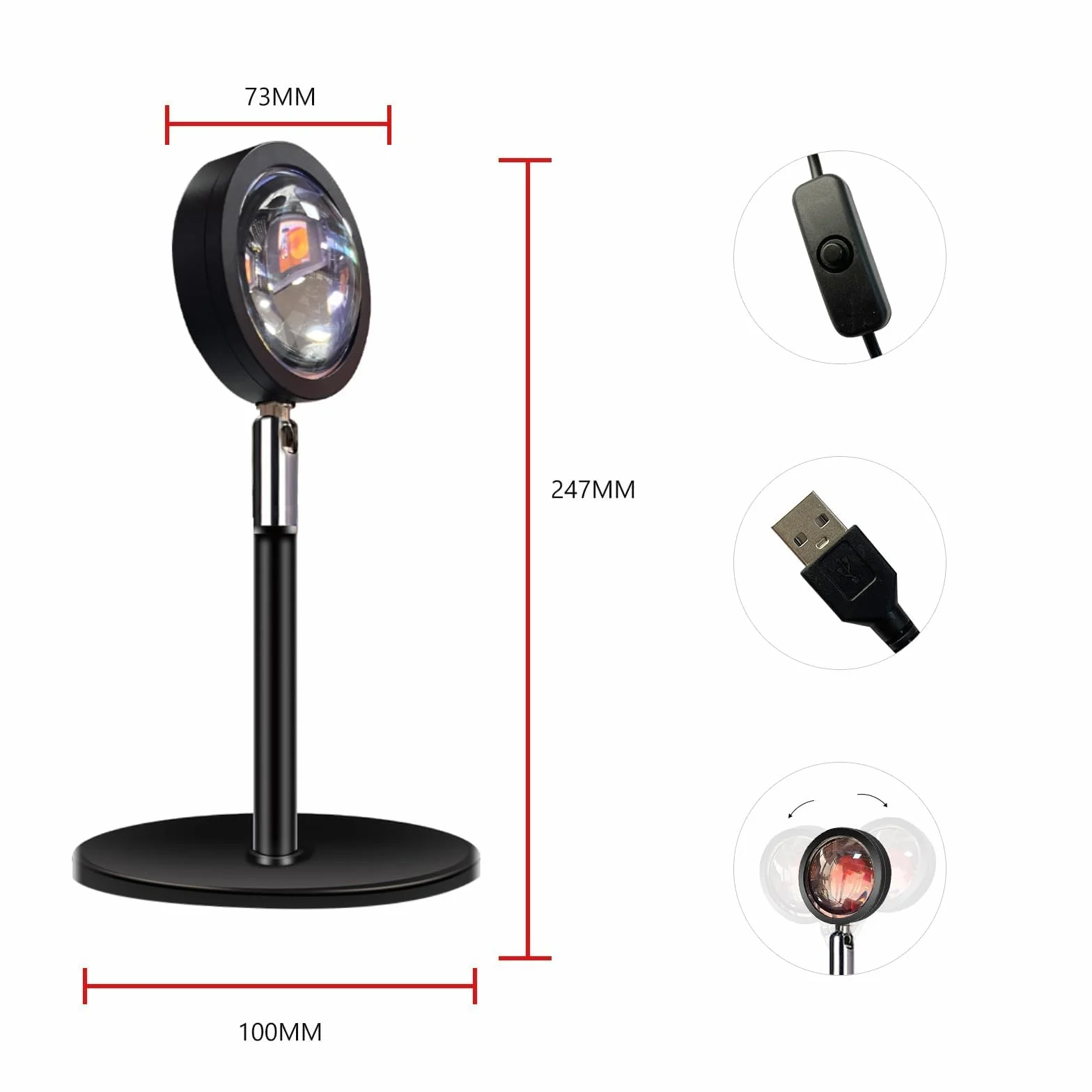 Lampe Coucher de Soleil, Projection Lumière USB, Rotation 180°, Ambiance, Selfie, Décoration