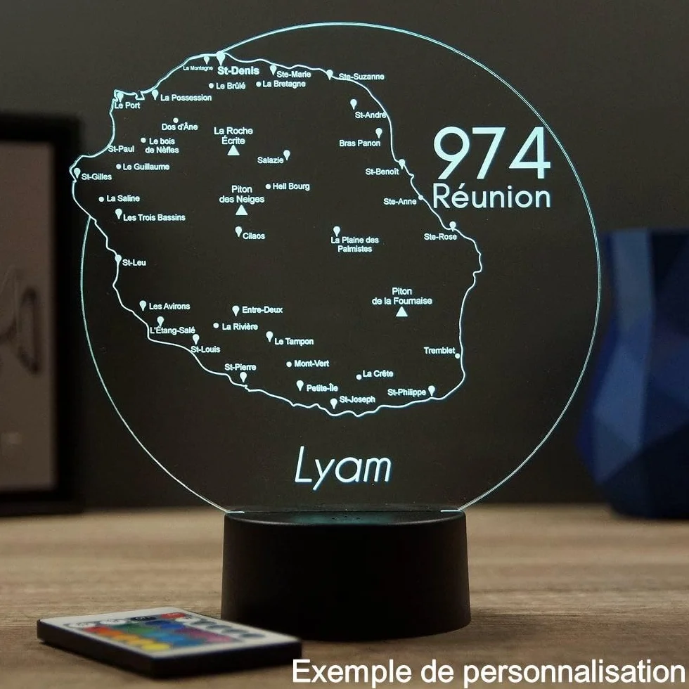 Lampe 3D Île de la Réunion 974 Veilleuse Carte Gravée Illusion Optique 16 Couleurs Télécommande USB Piles