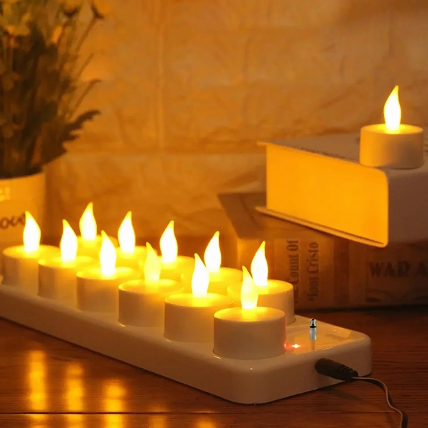Lot de 12 Bougie LED Rechargeable Flamme Vacillante avec Station de Charge pour Décoration Noël