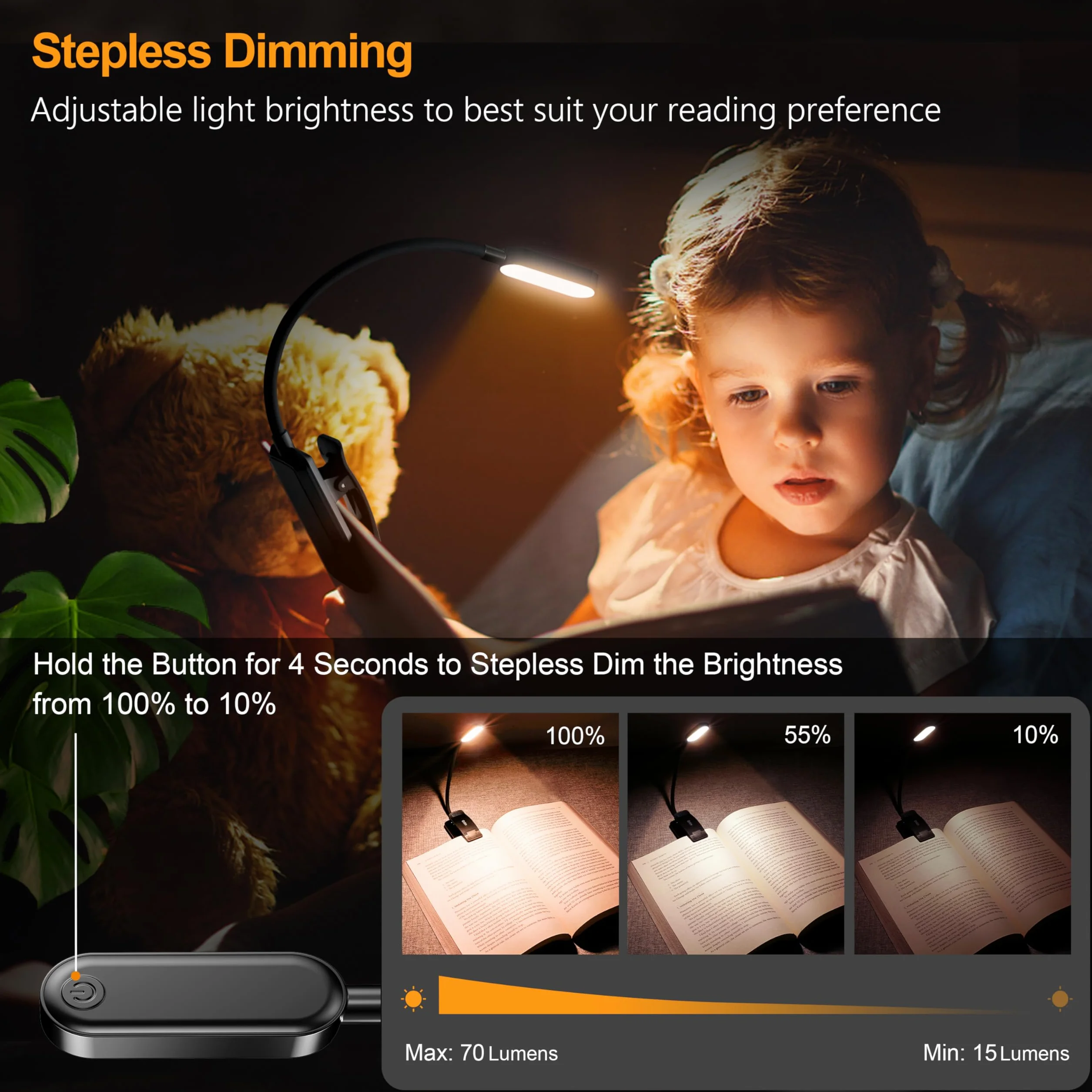 Gritin Lampe de Lecture 16 LED Rechargeable, Gradation Progressive, 3 Modes Protection des Yeux, 360° Cou Flexible