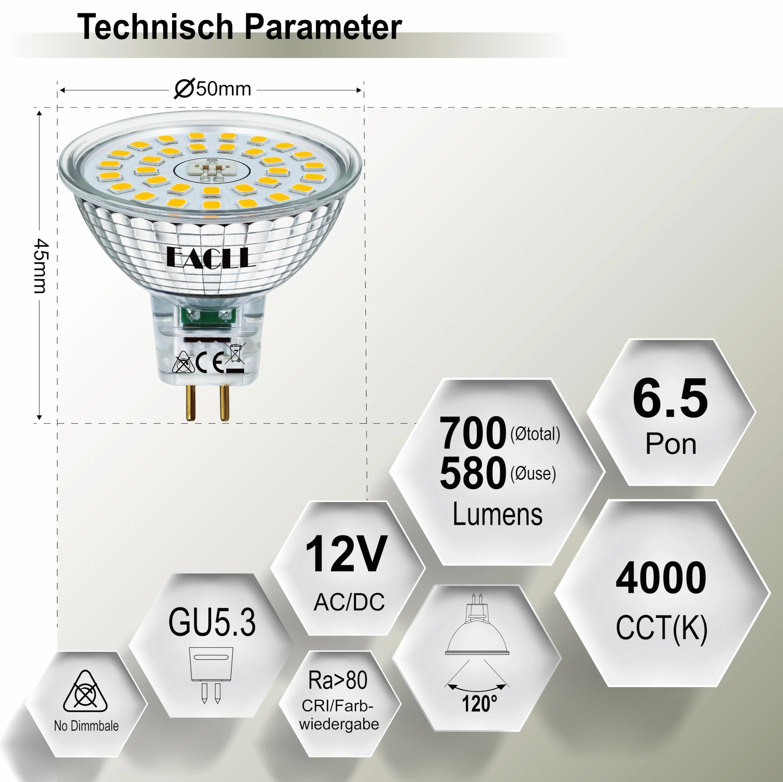 Ampoules LED GU5.3 Blanc Neutre 6.5W Équivalent MR16 60W Lot de 6 4000K 580lm 120° Non Dimmable 12V