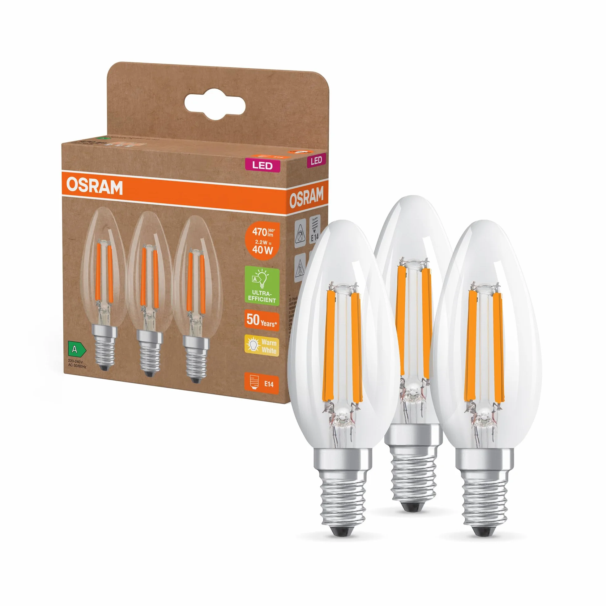Osram Lampes LED E14 Bougie Blanc Chaud 2700K 40W Équivalent Pack de 3