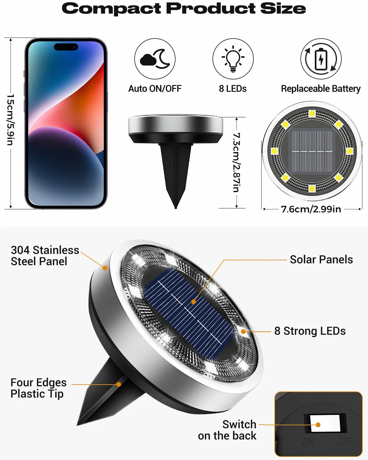Lot de 8 Lampe Solaire Au Sol, 8 LED Jardin Exterieur Solaire Etanche, Spot Solaire Extérieur pour Chemins Pelouse Terrasse, Blanc Froid