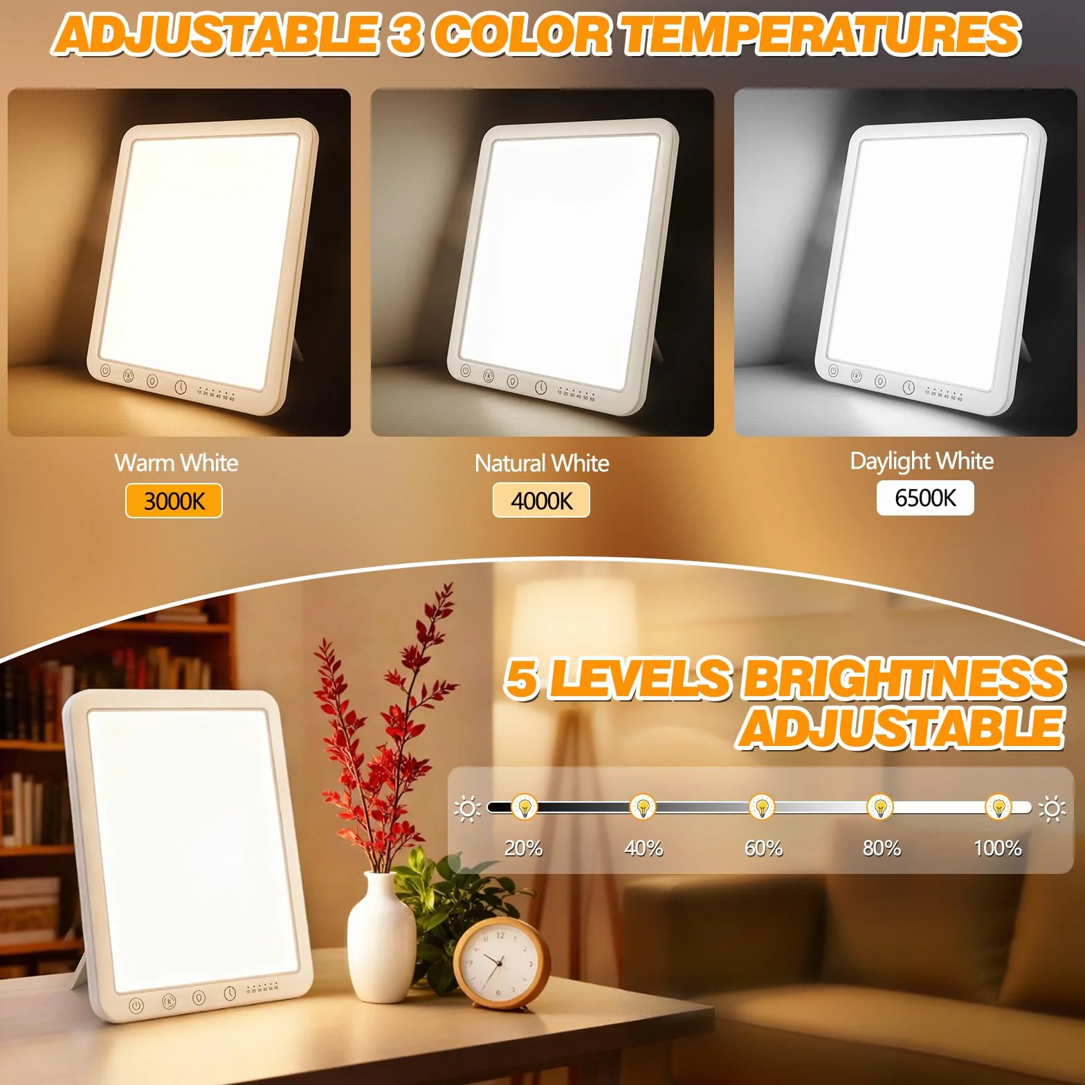 Lampe de Luminothérapie 15000 Lux, Lumière du Jour Compacte, Sans UV, 3 Températures de Couleur, 5 Niveaux de Luminosité