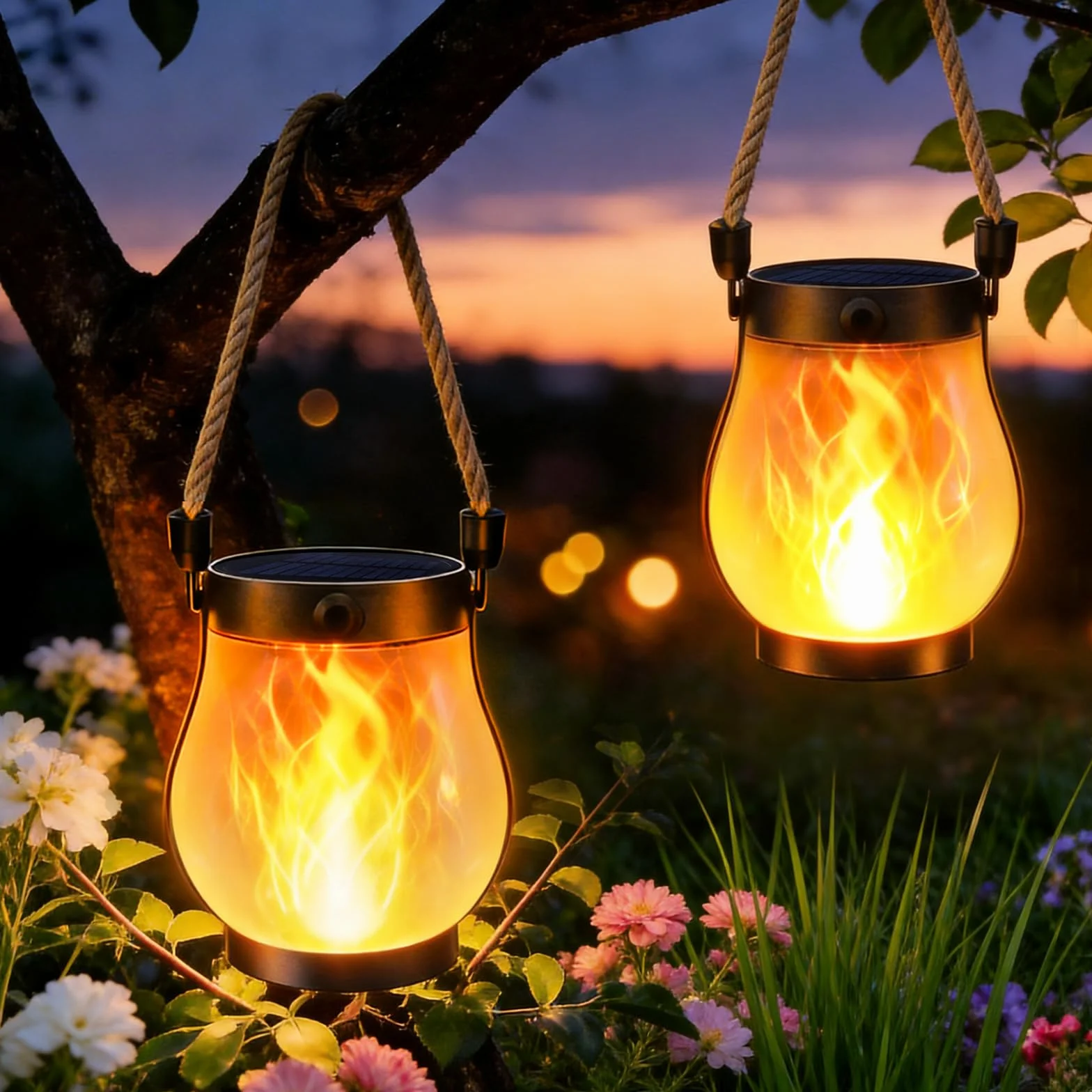 Lanternes solaires extérieures étanches flamme vacillante double charge USB solaire Lot de 2